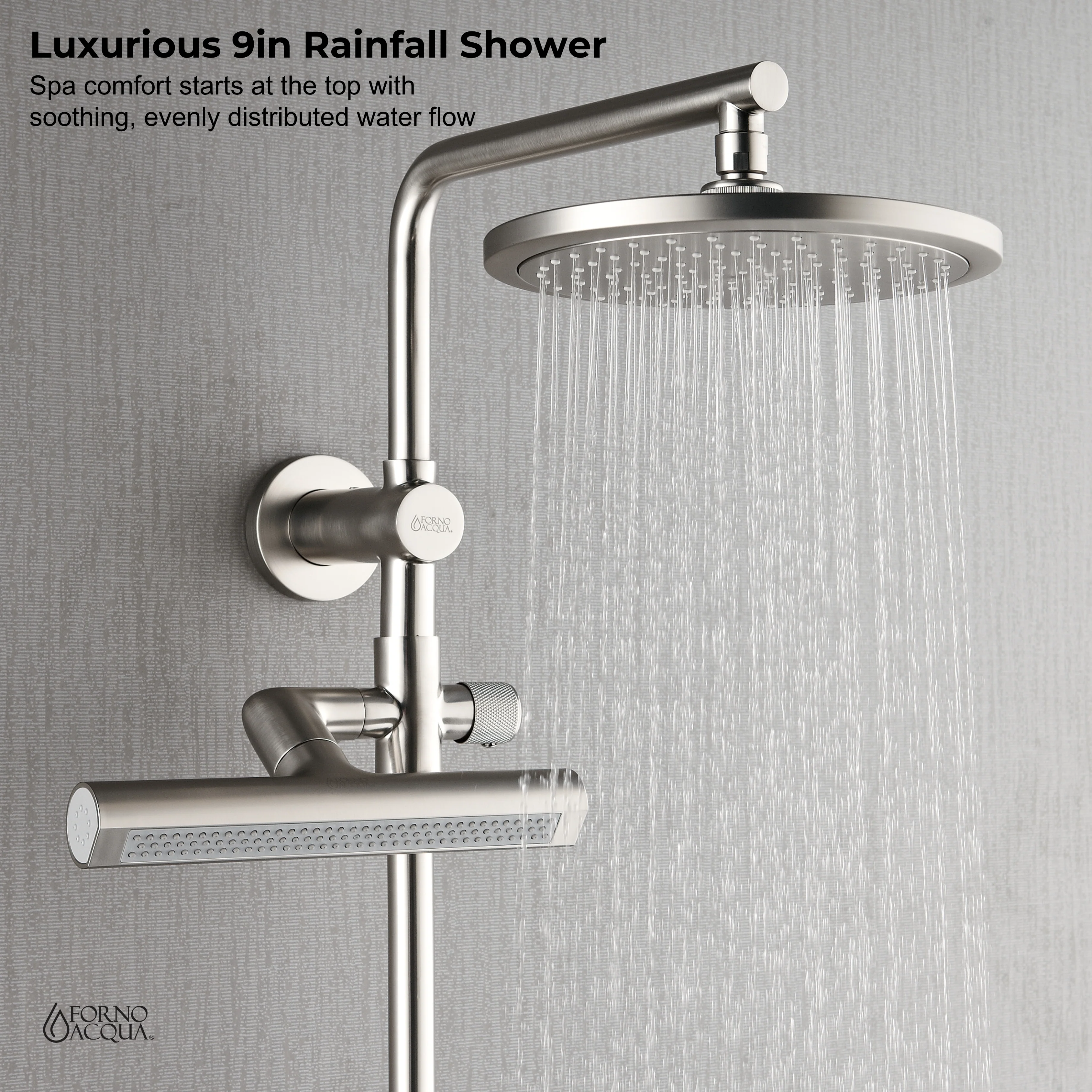 Forno Acqua AcquaFALL Shower, Brushed Nickel Finish, Overhead Rainfall Shower, Handheld Shower Head, Body Jets, 1.8 GPM Flow Rate - Image 4
