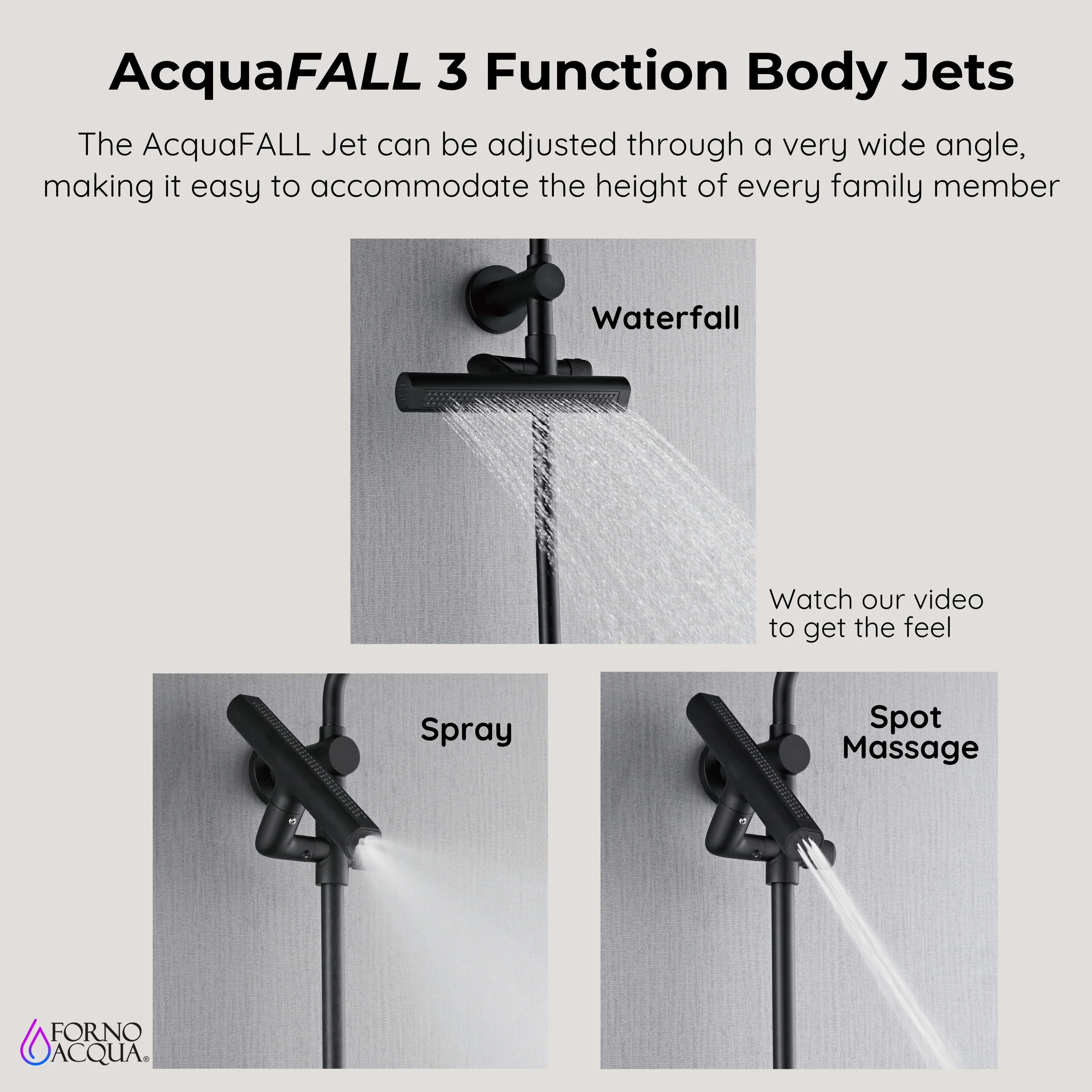 Forno Acqua AcquaFALL Shower, Matte Black Finish, Overhead Rainfall Shower, 7 Way Diverter, Handheld Shower Head, Body Jets, 1.8 GPM Flow Rate - Image 10