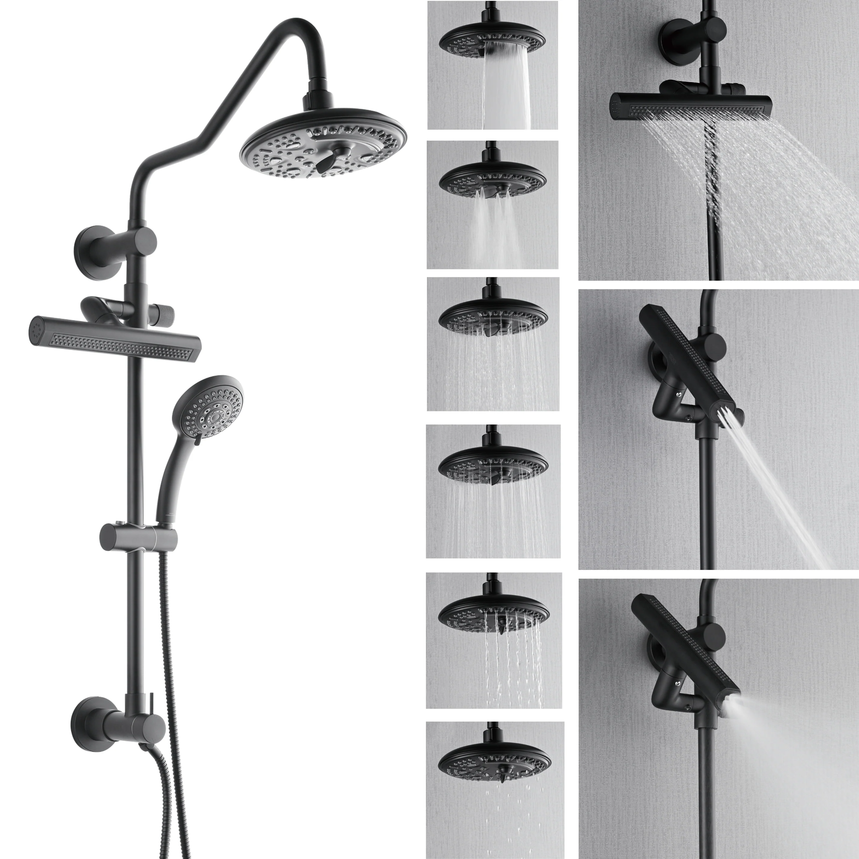 Forno Acqua AcquaFALL Shower, Matte Black Finish, Overhead Rainfall Shower, 7 Way Diverter, Handheld Shower Head, Body Jets, 2.5 GPM Flow Rate - Image 13