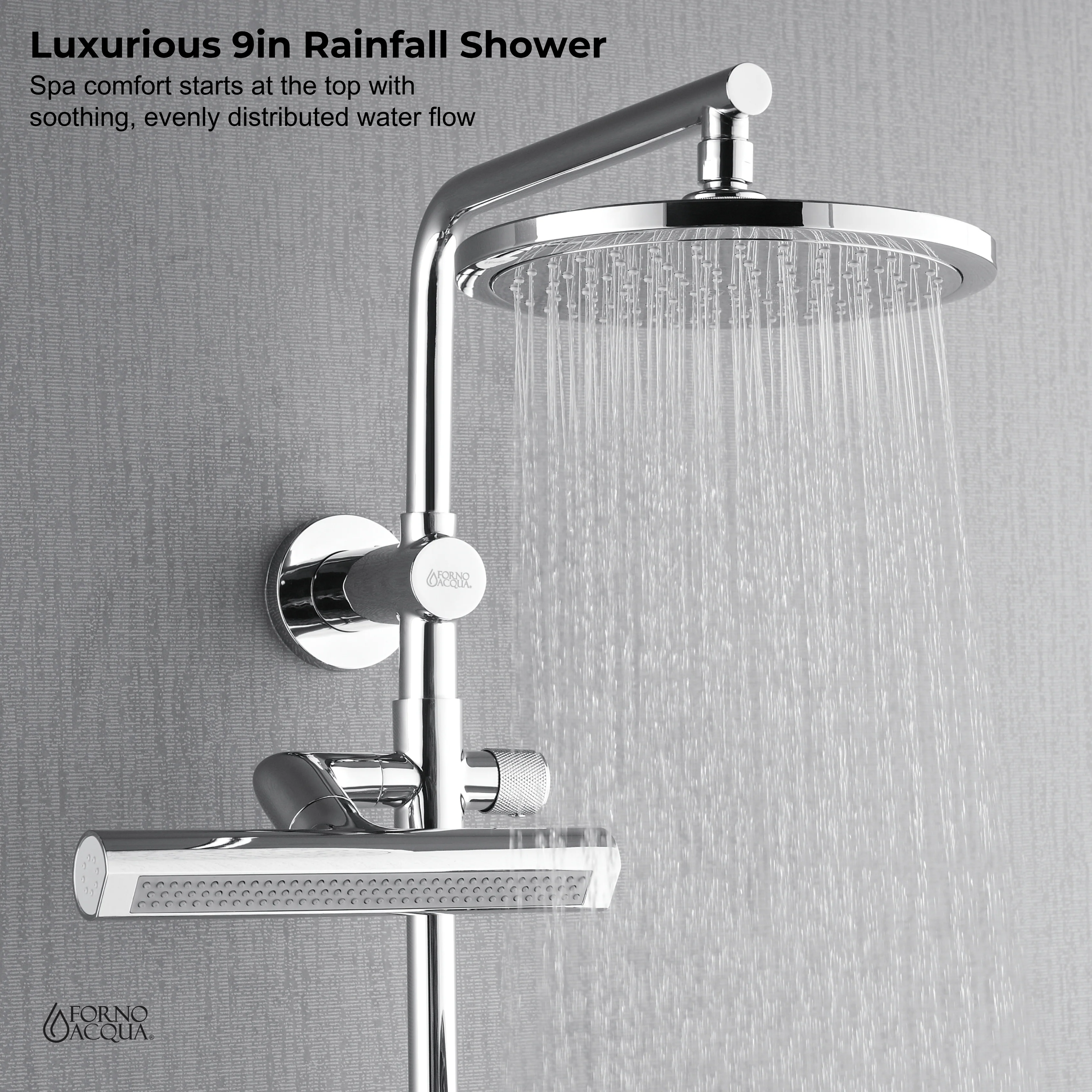 Forno Acqua AcquaFALL Shower, Polished Stainless Steel Finish, Overhead Rainfall Shower, Handheld Shower Head, Body Jets, 2.5 GPM Flow Rate - Image 4