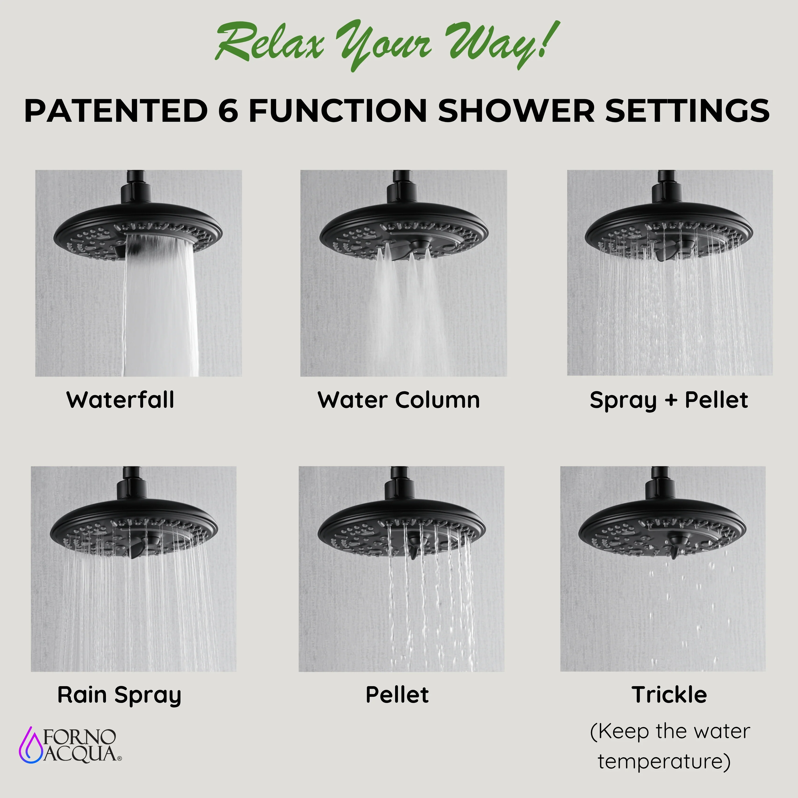 Forno Acqua AcquaSPA Retrofit Shower, Overhead Rainfall, 8 Inch Shower Head, Handheld Shower Head, Body Jets, 6 Way Diverter, Matte Black Finish, 1.8 GPM Flow Rate - Image 7