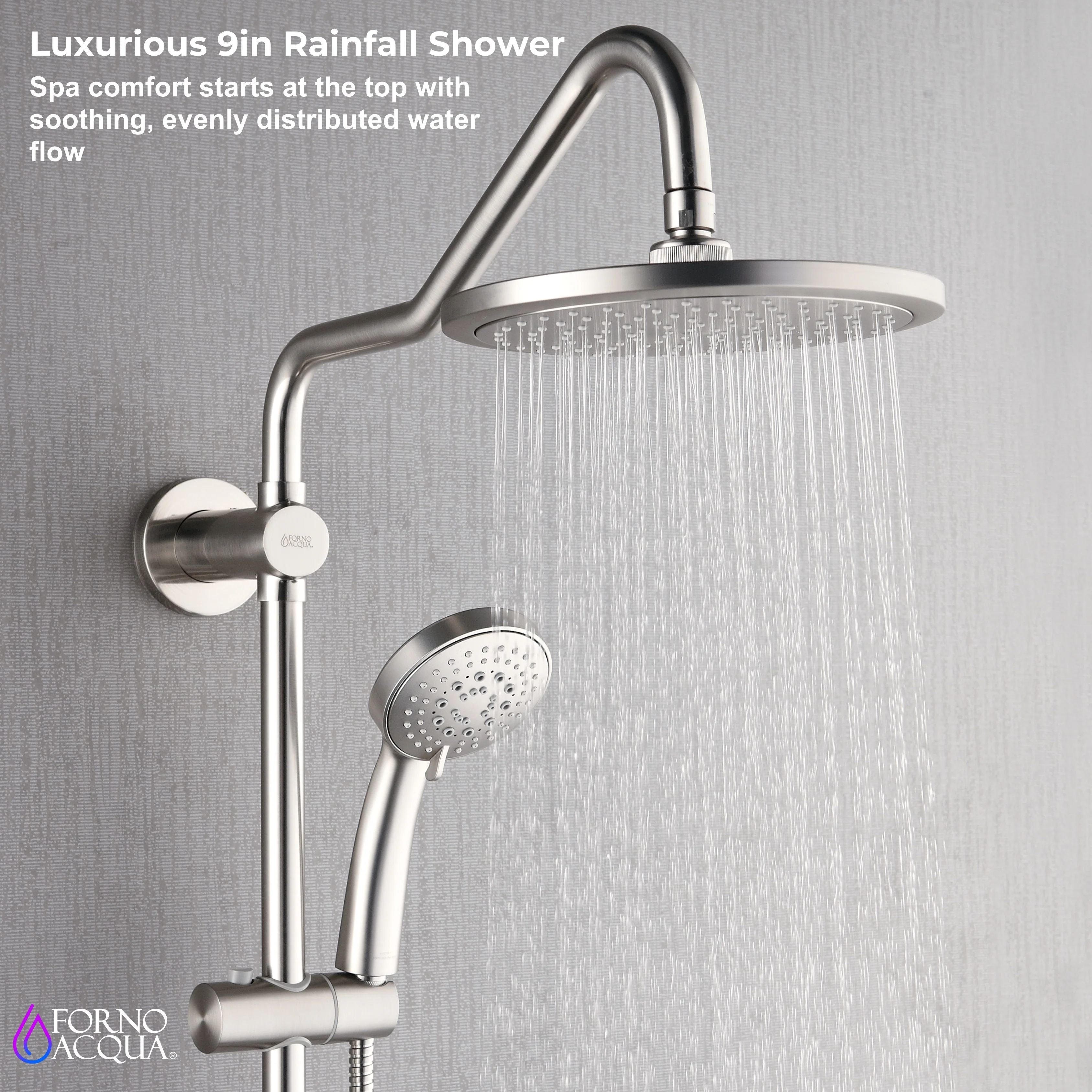 Forno Acqua AcquaSPA Retrofit Shower, Overhead Rainfall Shower, Handheld Shower Head, Body Jets, 6 Way Diverter, Brushed Nickel Finish, 1.8 GPM Flow Rate - Image 3