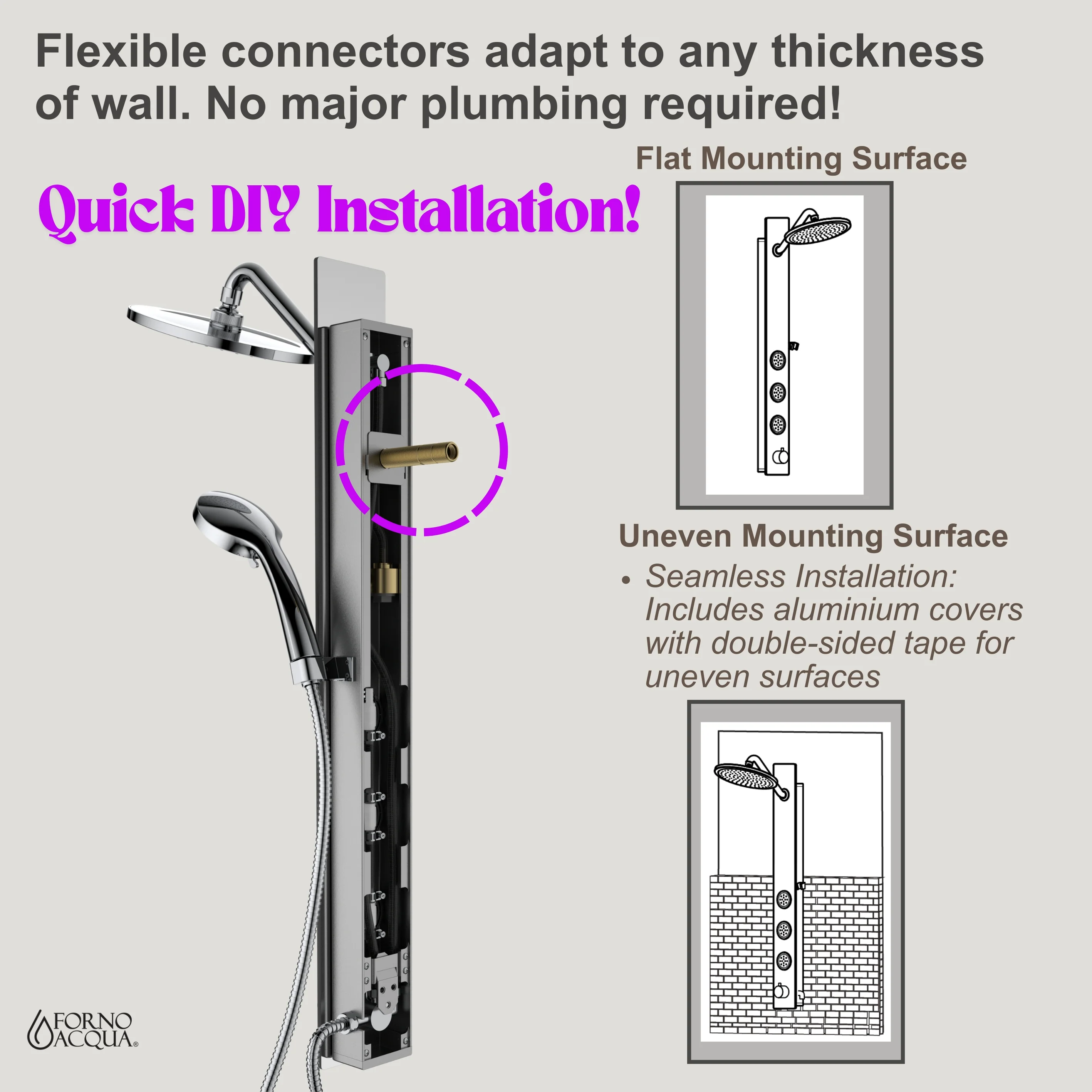 Forno Acqua AcquaSPA Shower Panel with SensoTEMP, Mirrored Stainless Steel Finish, Overhead Rainfall Shower, Handheld Shower Head, Body Jets, 2.5 GPM Flow Rate - Image 12