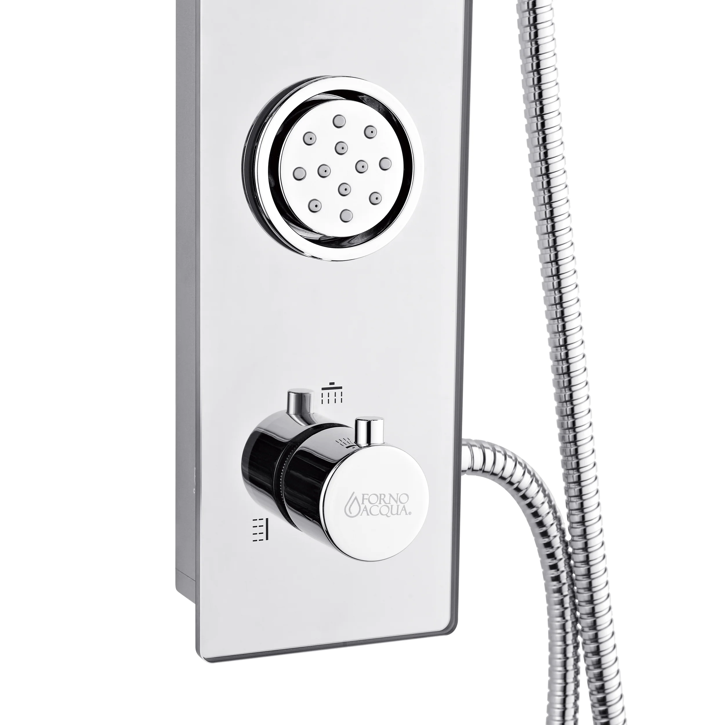 Forno Acqua AcquaSPA Shower Panel with SensoTEMP, Mirrored Stainless Steel Finish, Overhead Rainfall Shower, Handheld Shower Head, Body Jets, 2.5 GPM Flow Rate - Image 3