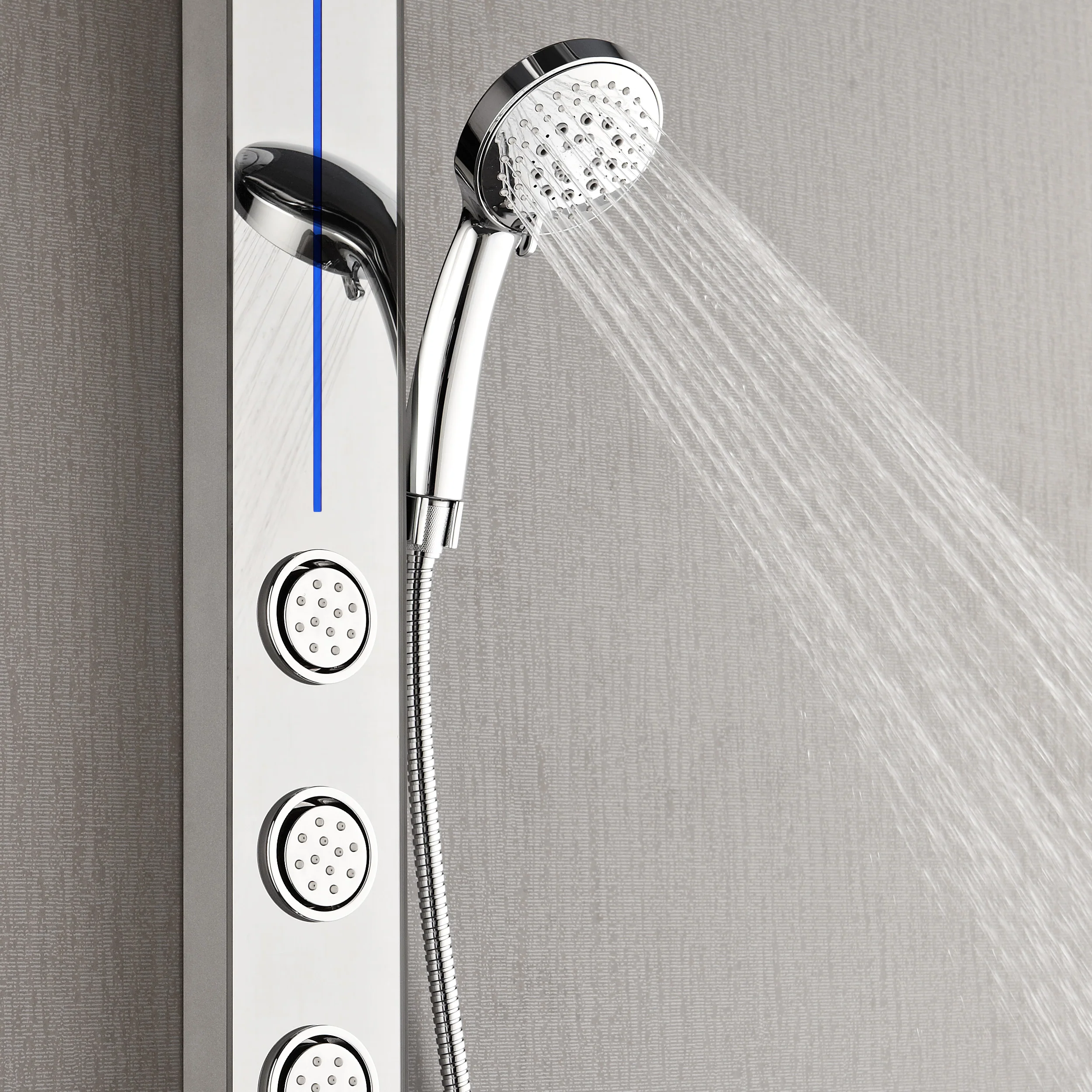 Forno Acqua AcquaSPA Shower Panel with SensoTEMP, Mirrored Stainless Steel Finish, Overhead Rainfall Shower, Handheld Shower Head, Body Jets, 2.5 GPM Flow Rate - Image 5