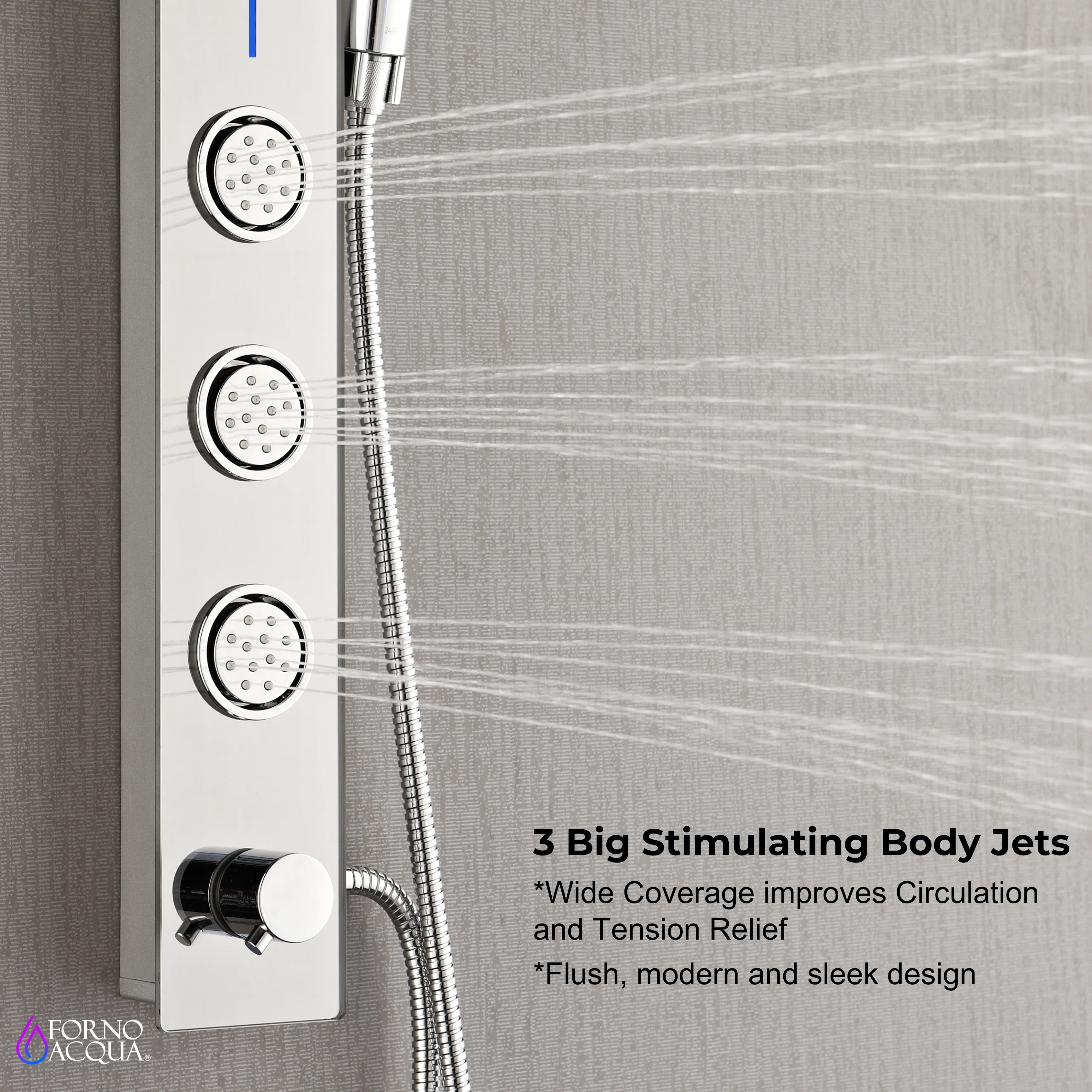 Forno Acqua AcquaSPA Shower Panel with SensoTEMP, Mirrored Stainless Steel Finish, Overhead Rainfall Shower, Handheld Shower Head, Body Jets, 2.5 GPM Flow Rate - Image 6