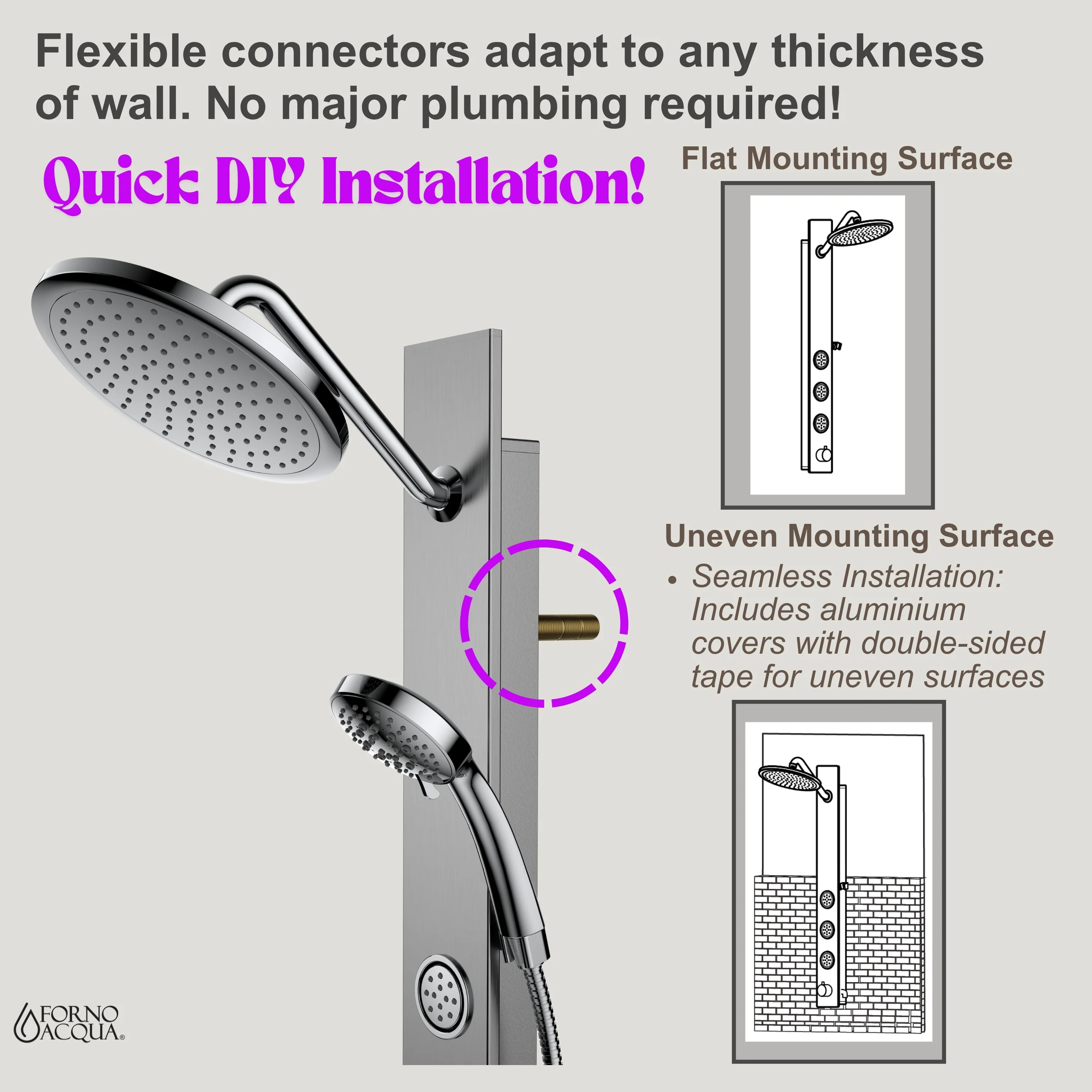 Forno Acqua AcquaSPA Shower Panel with SensoTemp, Stainless Steel, Overhead Rainfall Shower, Handheld Shower Head, Body Jets, 1.8 GPM Flow Rate - Image 11