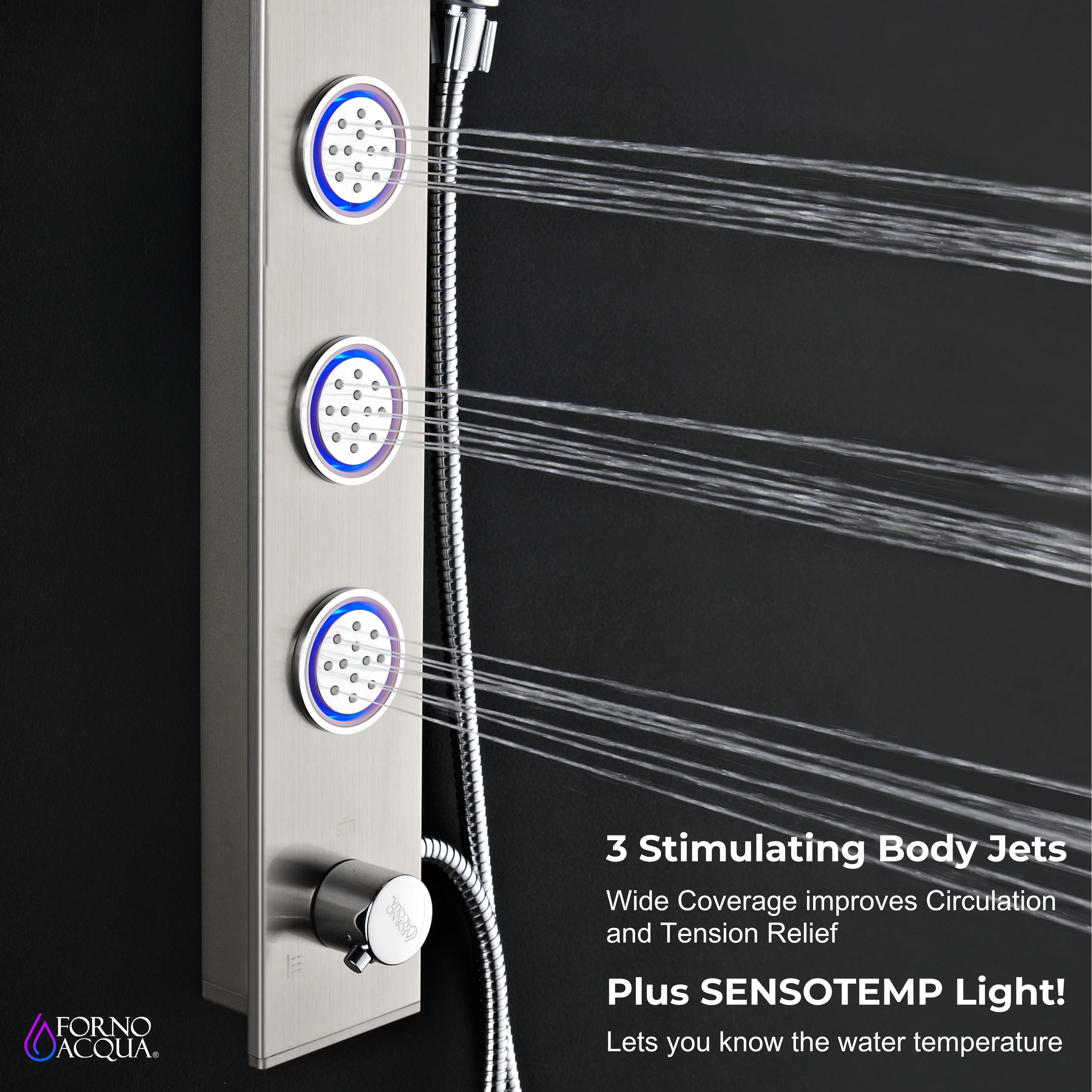 Forno Acqua AcquaSPA Shower Panel with SensoTemp, Stainless Steel, Overhead Rainfall Shower, Handheld Shower Head, Body Jets, 1.8 GPM Flow Rate - Image 8
