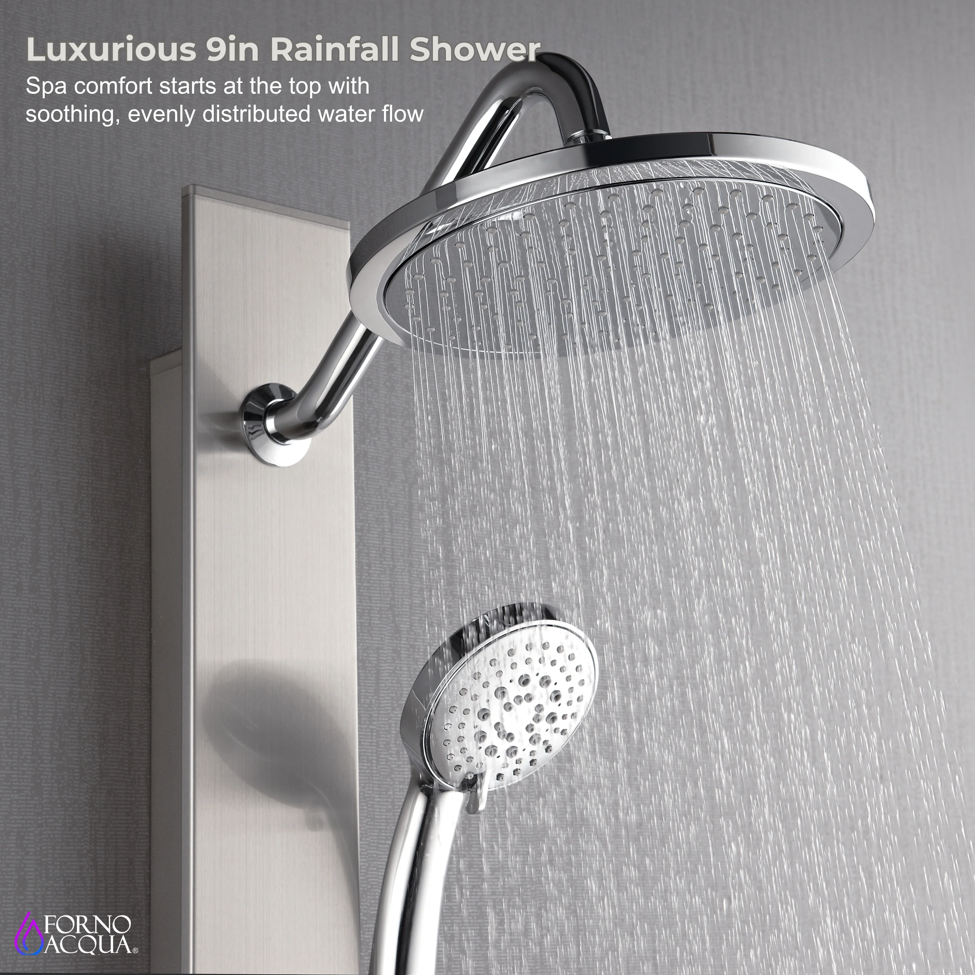 Forno Acqua AcquaSpa Shower Panel with SensoTemp, Stainless Steel, Overhead Rainfall Shower, Handheld Shower Head, Body Jets, 2.5 GPM Flow Rate - Image 3