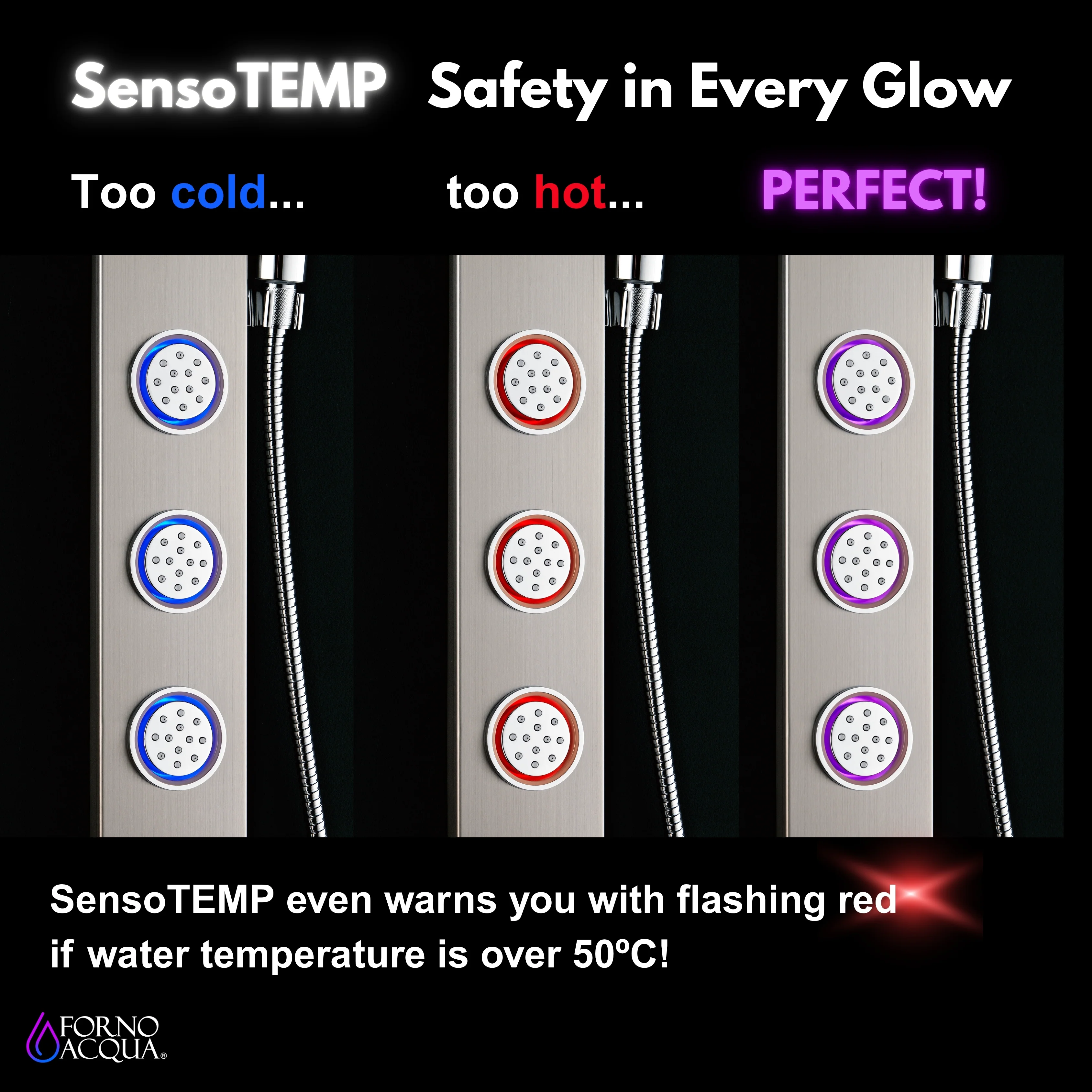Forno Acqua AcquaSPA Shower Panel with SensoTemp, Stainless Steel, Overhead Rainfall Shower, Handheld Shower Head, Body Jets, 1.8 GPM Flow Rate - Image 6