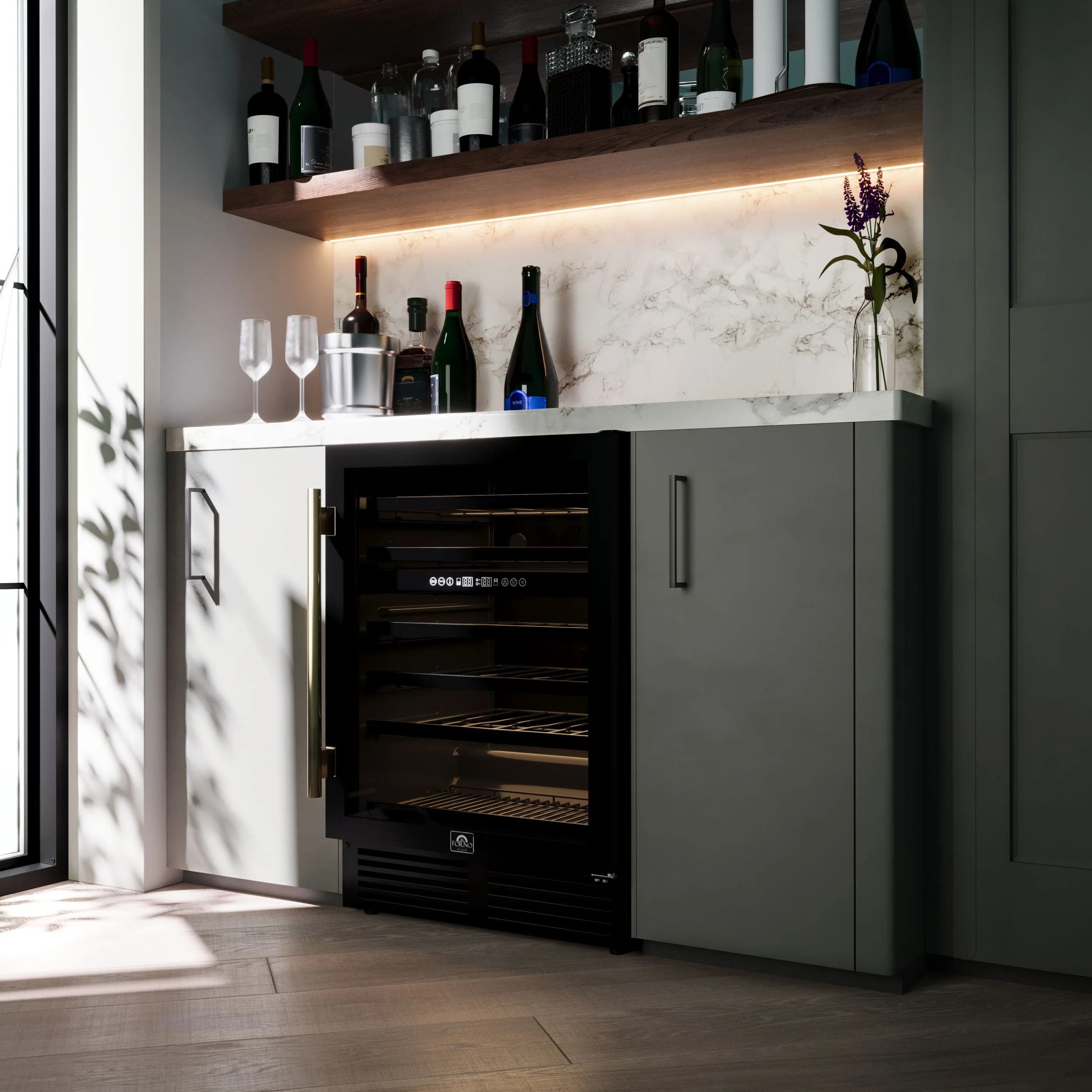 Forno Bacchino 24 Inch Wine Cooler, Black with Antique Brass Handles, with LED Lighting, Triple Glass Door, 51 Bottle Capacity, Built-In or Freestanding - Image 11