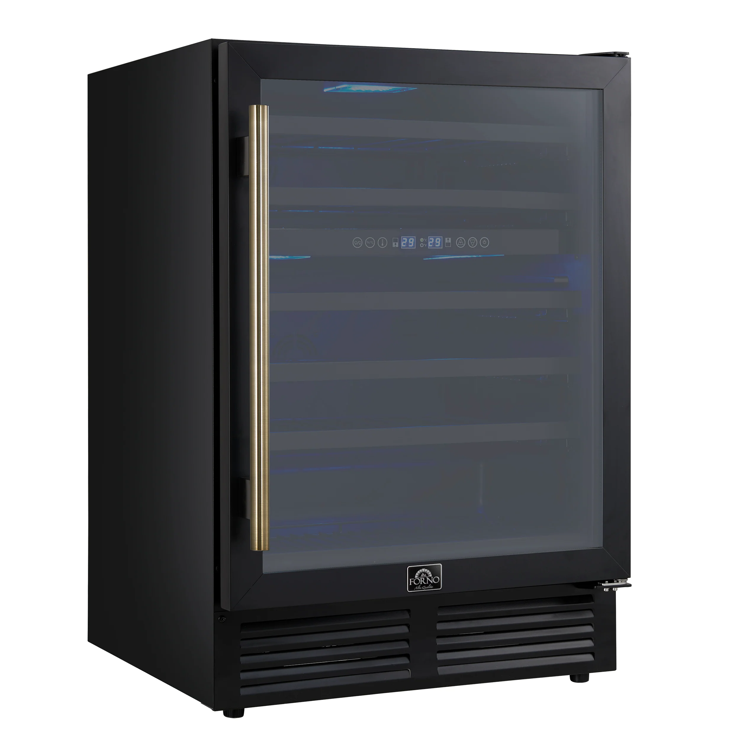Forno Bacchino 24 Inch Wine Cooler, Black with Antique Brass Handles, with LED Lighting, Triple Glass Door, 51 Bottle Capacity, Built-In or Freestanding - Image 3
