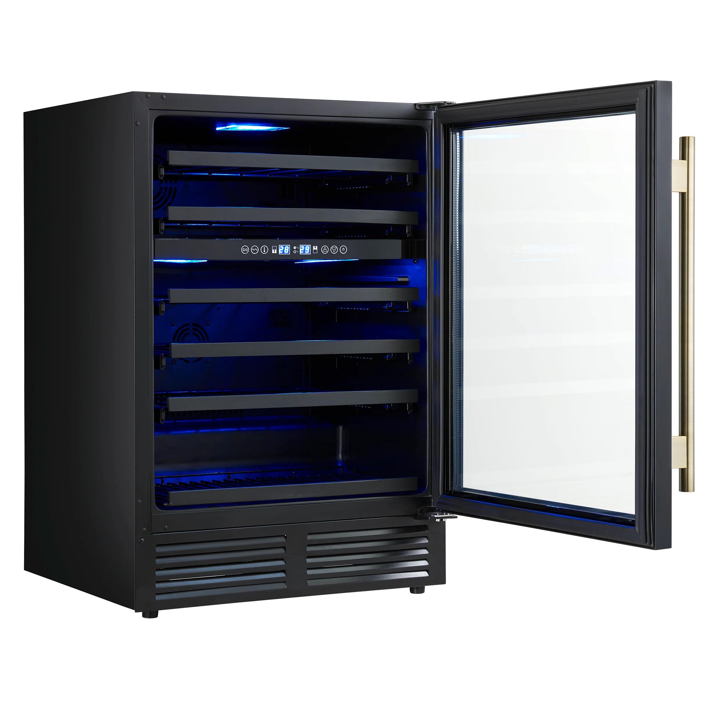 Forno Bacchino 24 Inch Wine Cooler, Black with Antique Brass Handles, with LED Lighting, Triple Glass Door, 51 Bottle Capacity, Built-In or Freestanding - Image 4