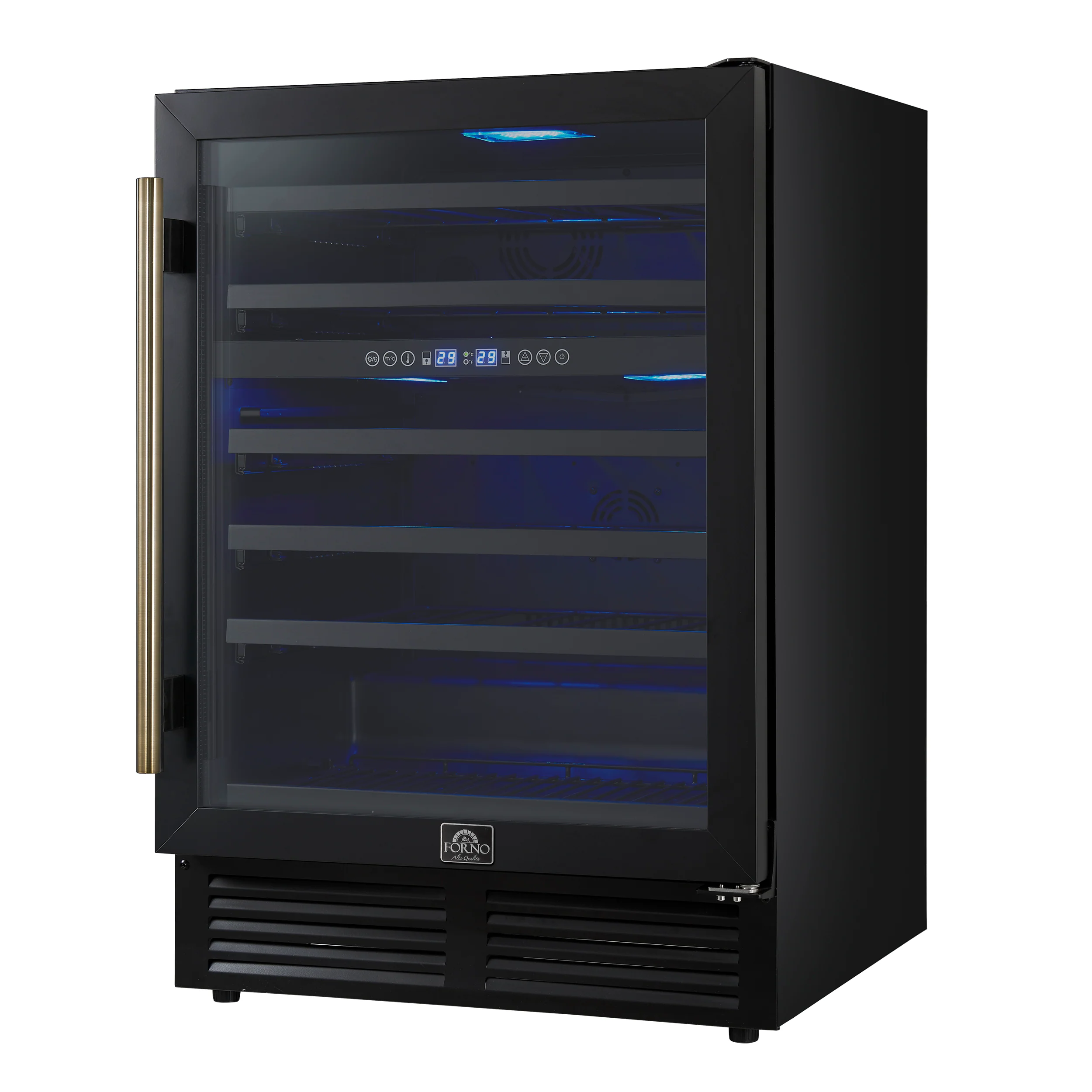 Forno Bacchino 24 Inch Wine Cooler, Black with Antique Brass Handles, with LED Lighting, Triple Glass Door, 51 Bottle Capacity, Built-In or Freestanding - Image 5