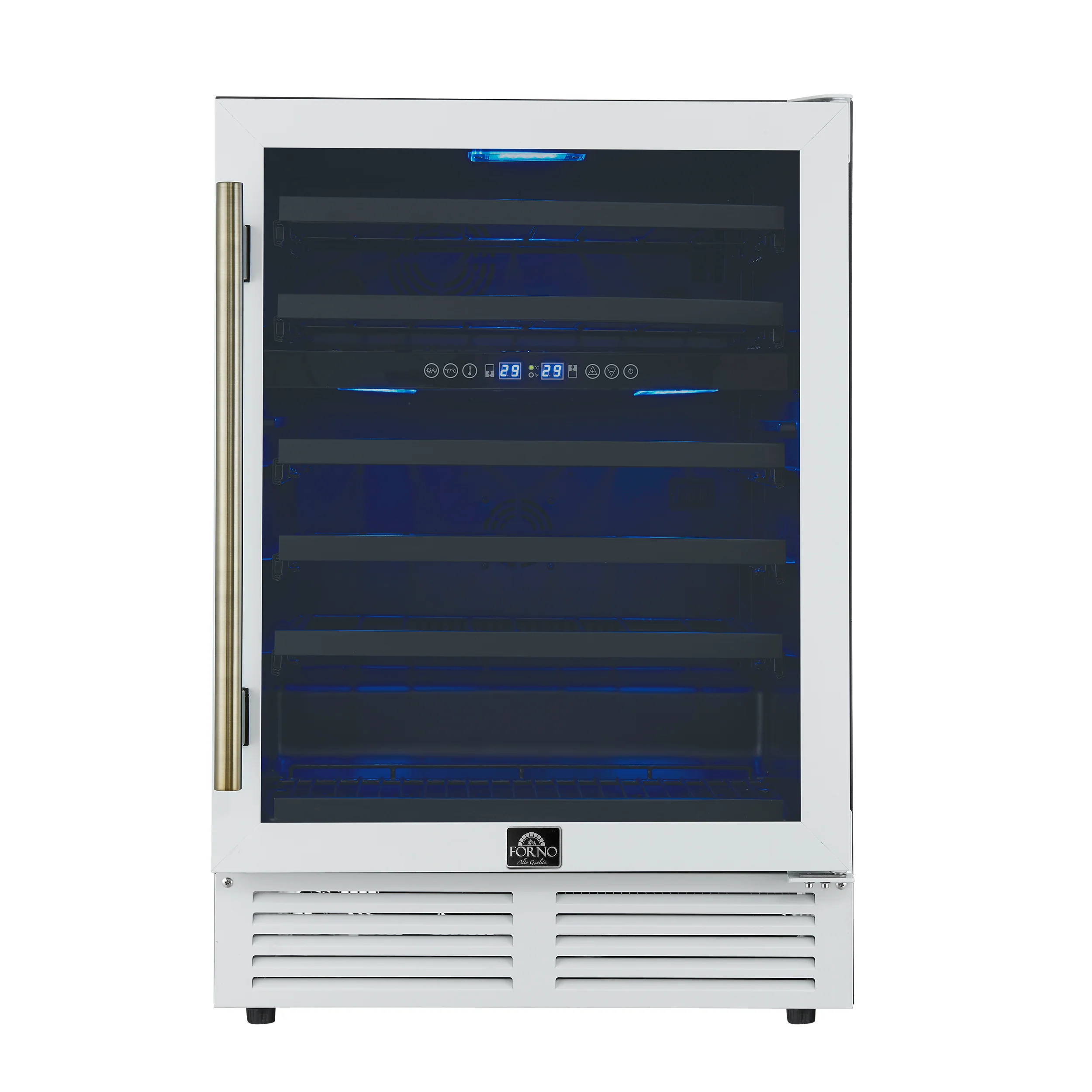 Forno Bacchino 24 Inch Wine Cooler, White with Antique Brass Handles, with LED Lighting, Triple Glass Door, 51 Bottle Capacity, Built-In or Freestanding