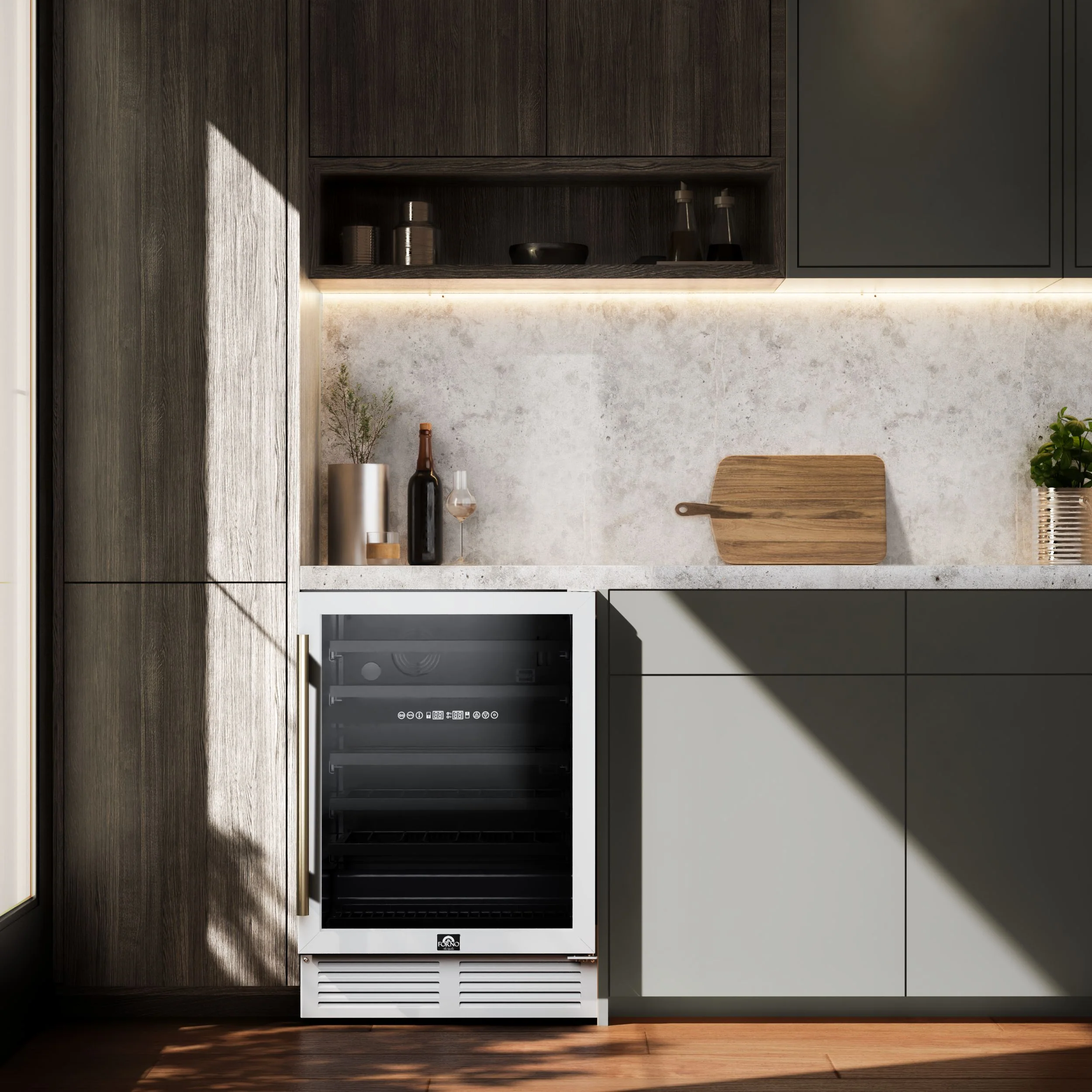 Forno Bacchino 24 Inch Wine Cooler, White with Antique Brass Handles, with LED Lighting, Triple Glass Door, 51 Bottle Capacity, Built-In or Freestanding - Image 11