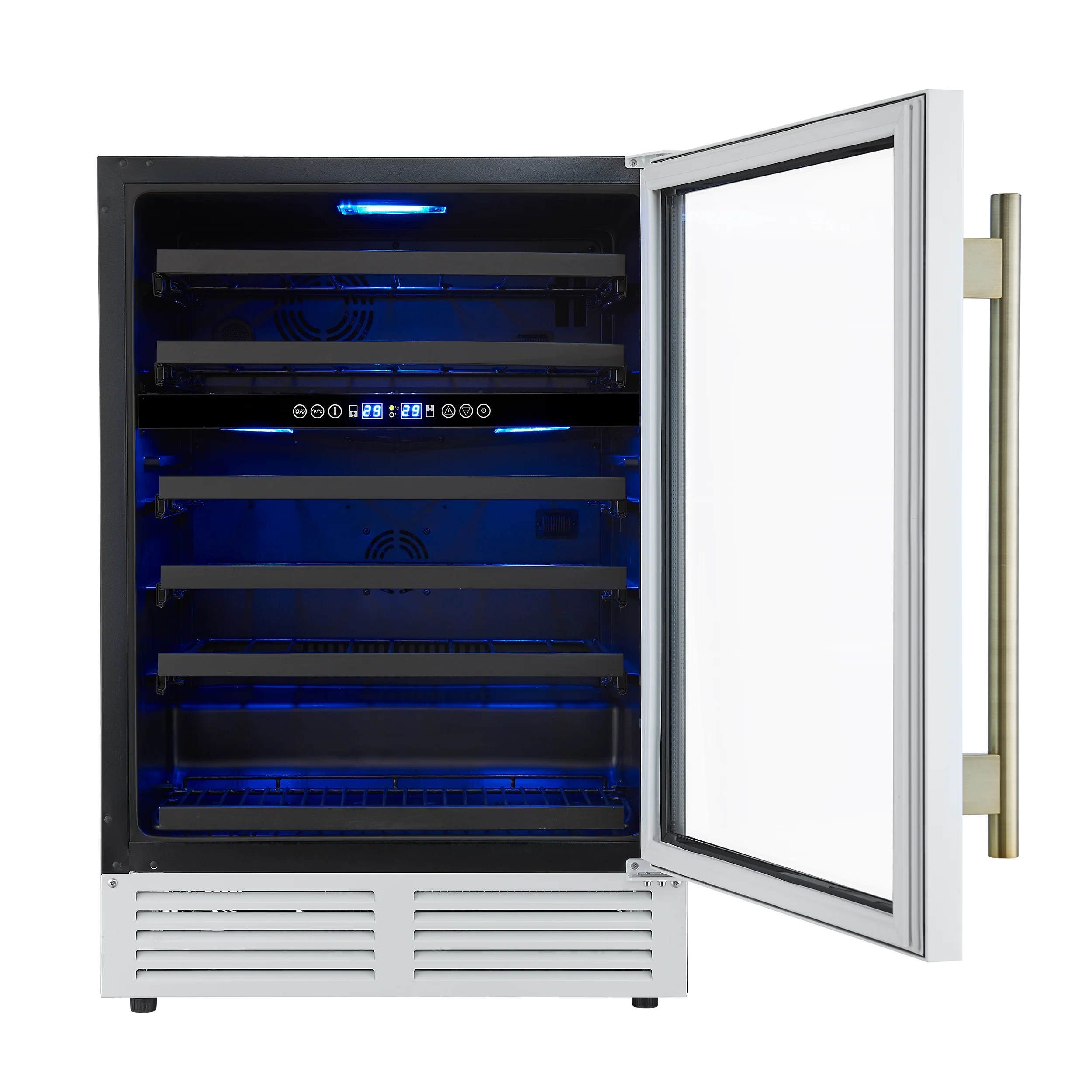 Forno Bacchino 24 Inch Wine Cooler, White with Antique Brass Handles, with LED Lighting, Triple Glass Door, 51 Bottle Capacity, Built-In or Freestanding - Image 2