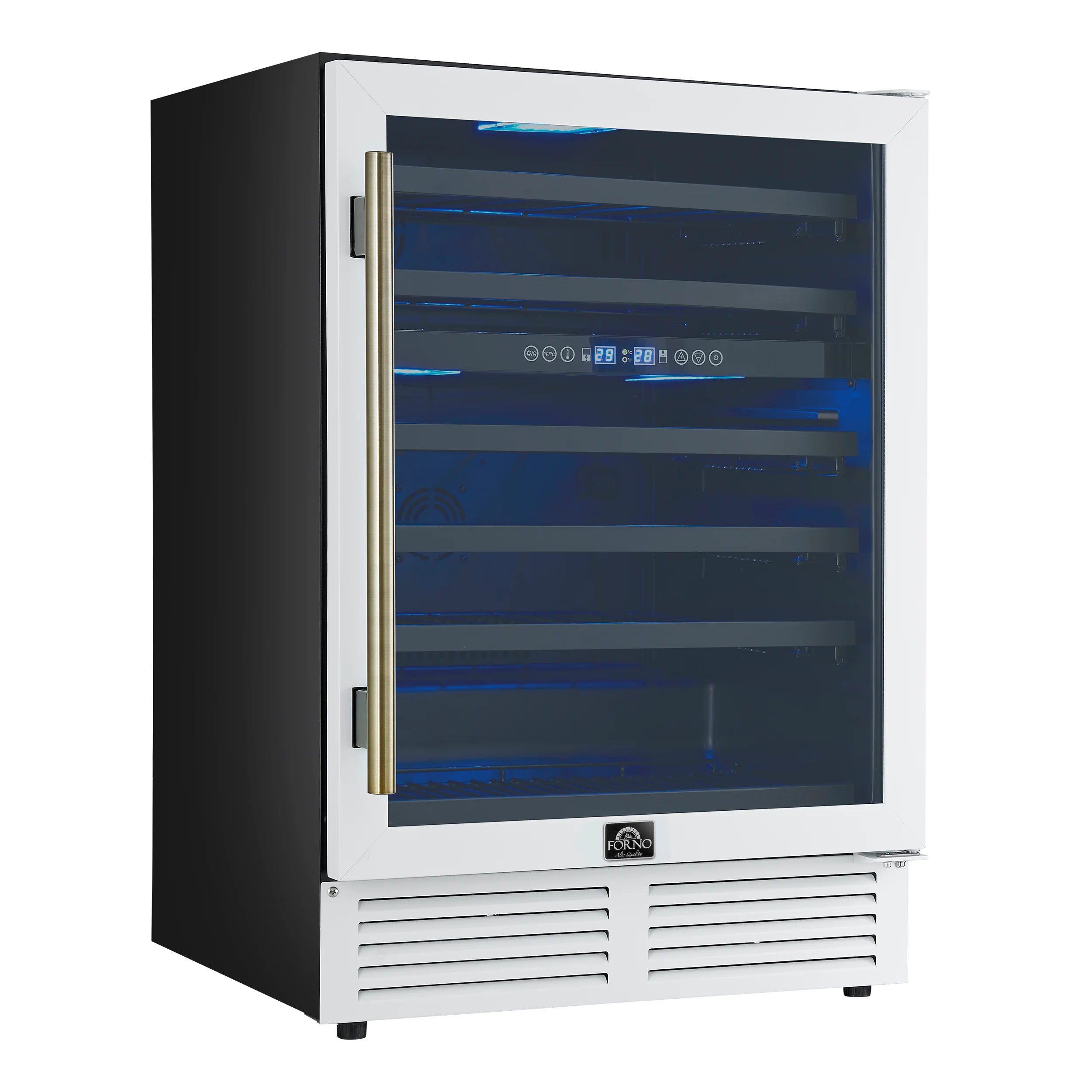 Forno Bacchino 24 Inch Wine Cooler, White with Antique Brass Handles, with LED Lighting, Triple Glass Door, 51 Bottle Capacity, Built-In or Freestanding - Image 3