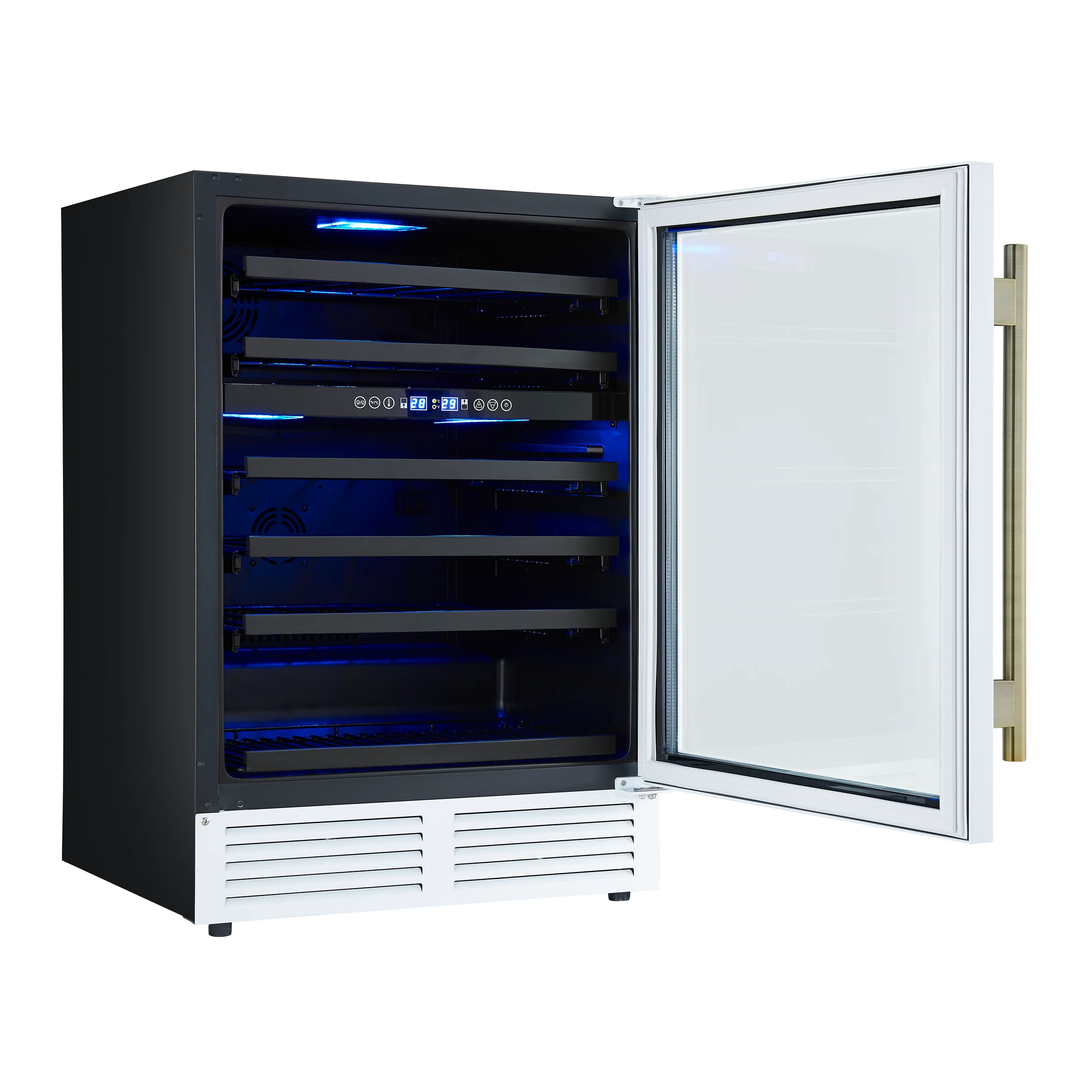 Forno Bacchino 24 Inch Wine Cooler, White with Antique Brass Handles, with LED Lighting, Triple Glass Door, 51 Bottle Capacity, Built-In or Freestanding - Image 4