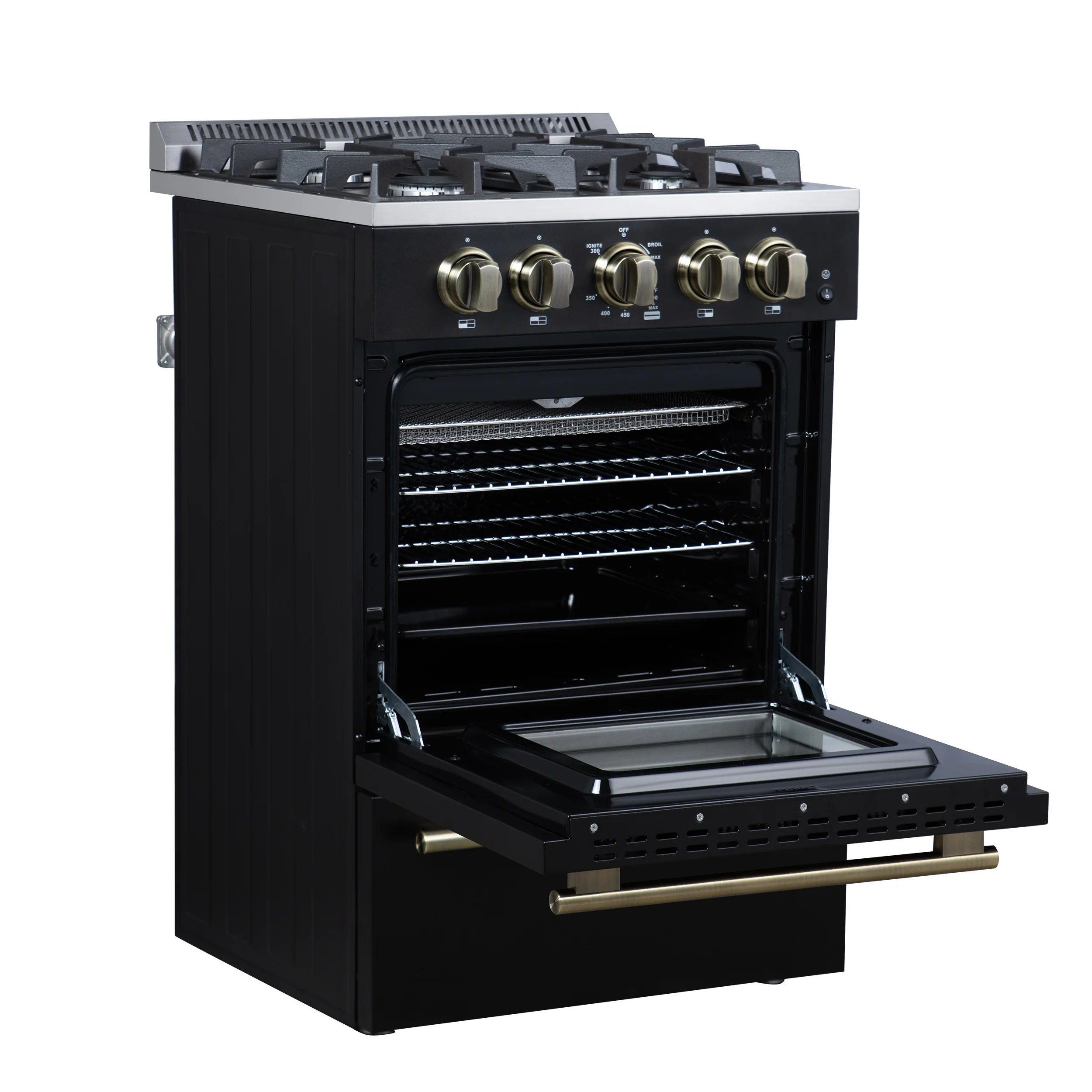 Forno Breno 24 Inch Freestanding Gas Range in Black with Antique Brass, Plug Included, Energy Efficient - Image 7