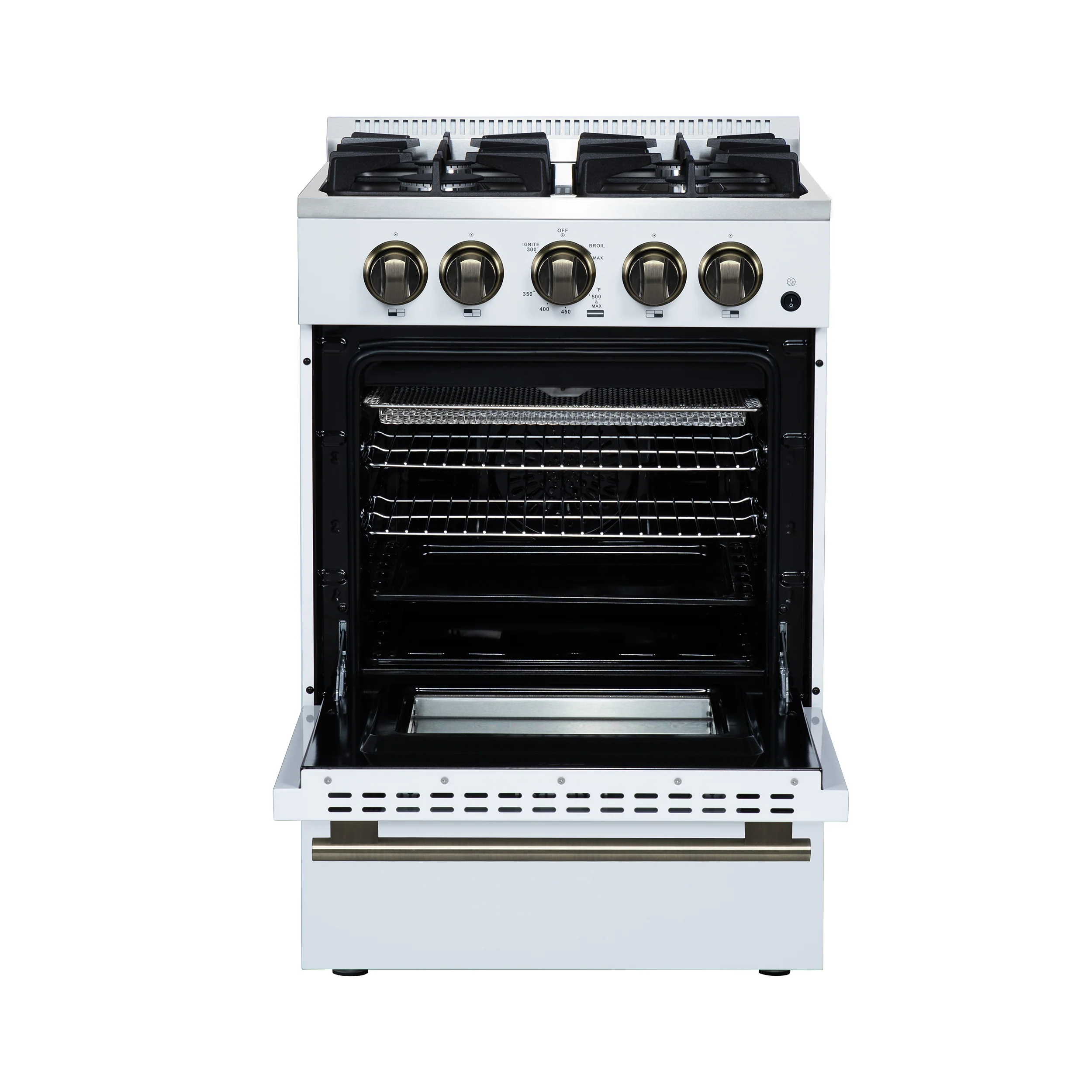 Forno Breno 24 Inch Freestanding Gas Range in White with Antique Brass, Plug Included, Energy Efficient - Image 2