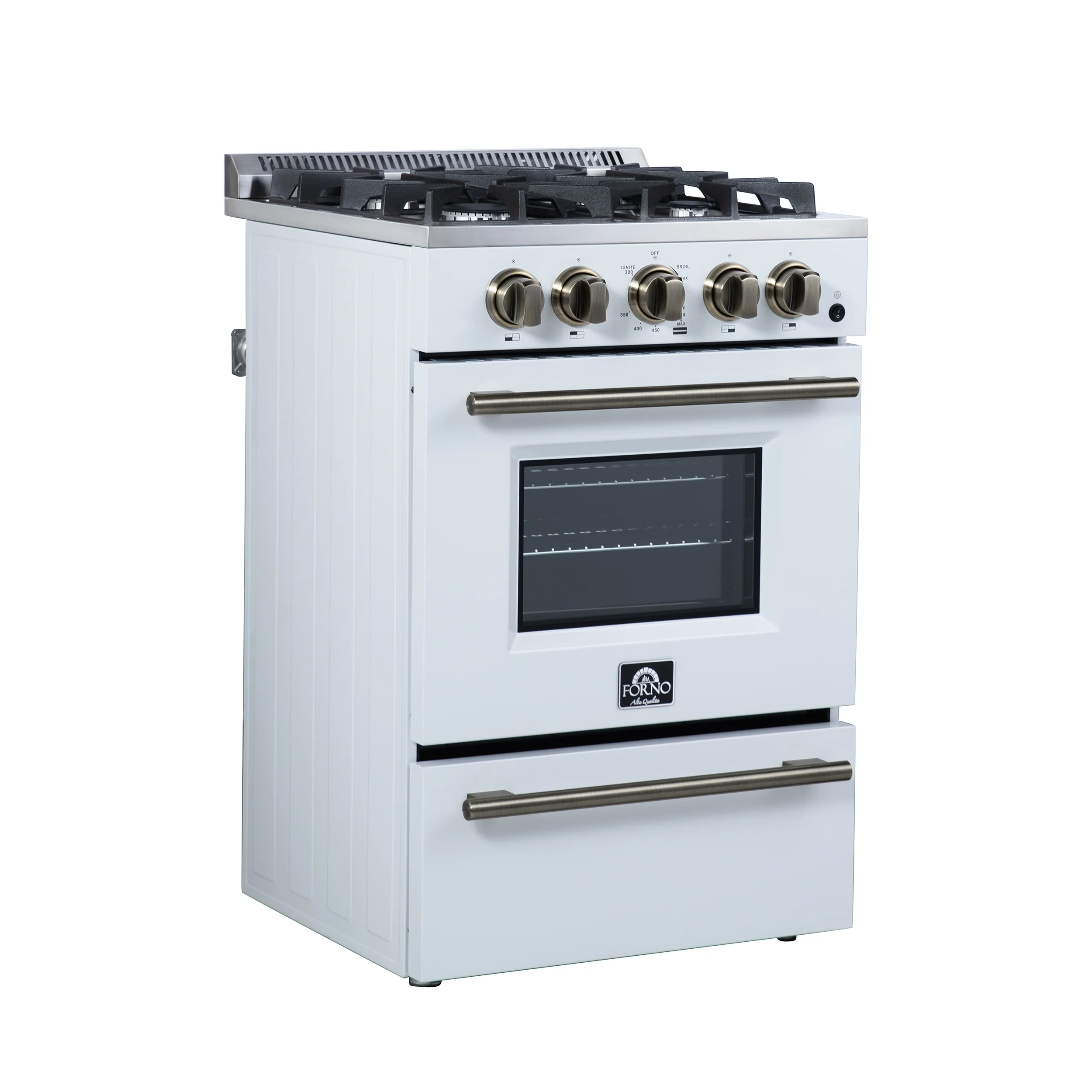 Forno Breno 24 Inch Freestanding Gas Range in White with Antique Brass, Plug Included, Energy Efficient - Image 3