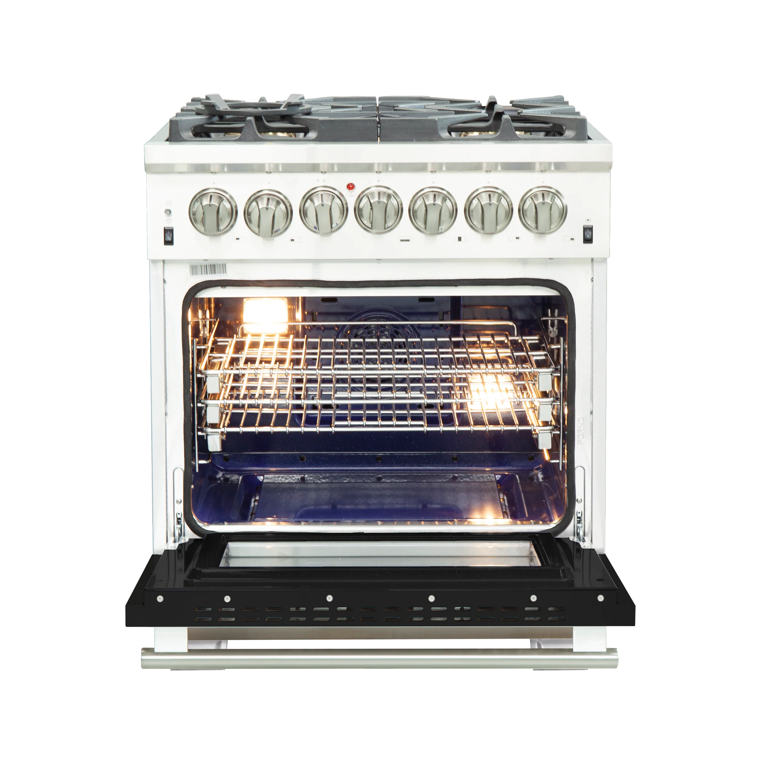 Forno Capriasca 30-Inch Freestanding Dual Fuel Range, 4 Burners, True Convection Oven, Black Door - Image 2