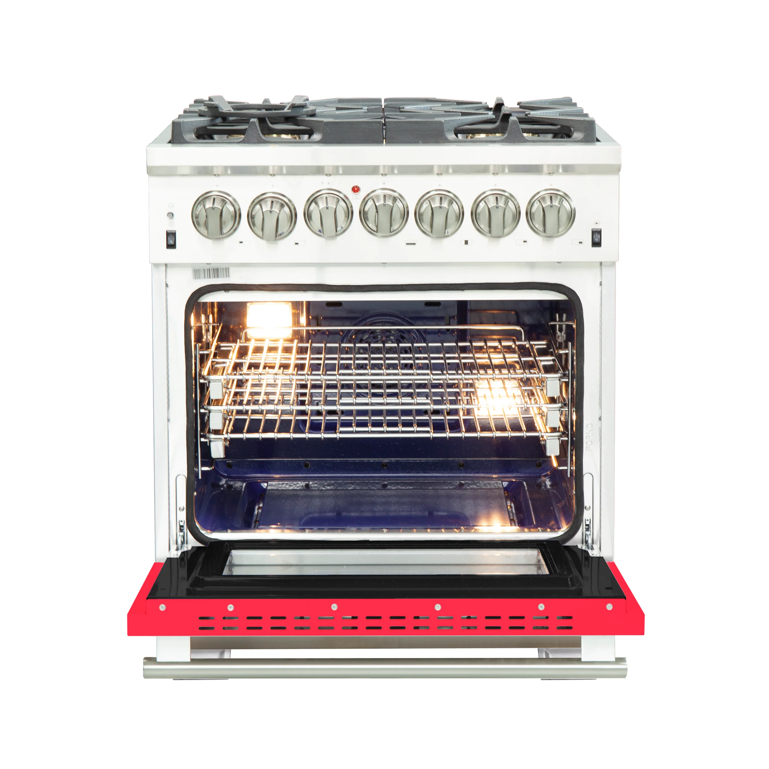 Forno Capriasca 30-Inch Freestanding Dual Fuel Range, 4 Burners, True Convection Oven, Red Door - Image 2