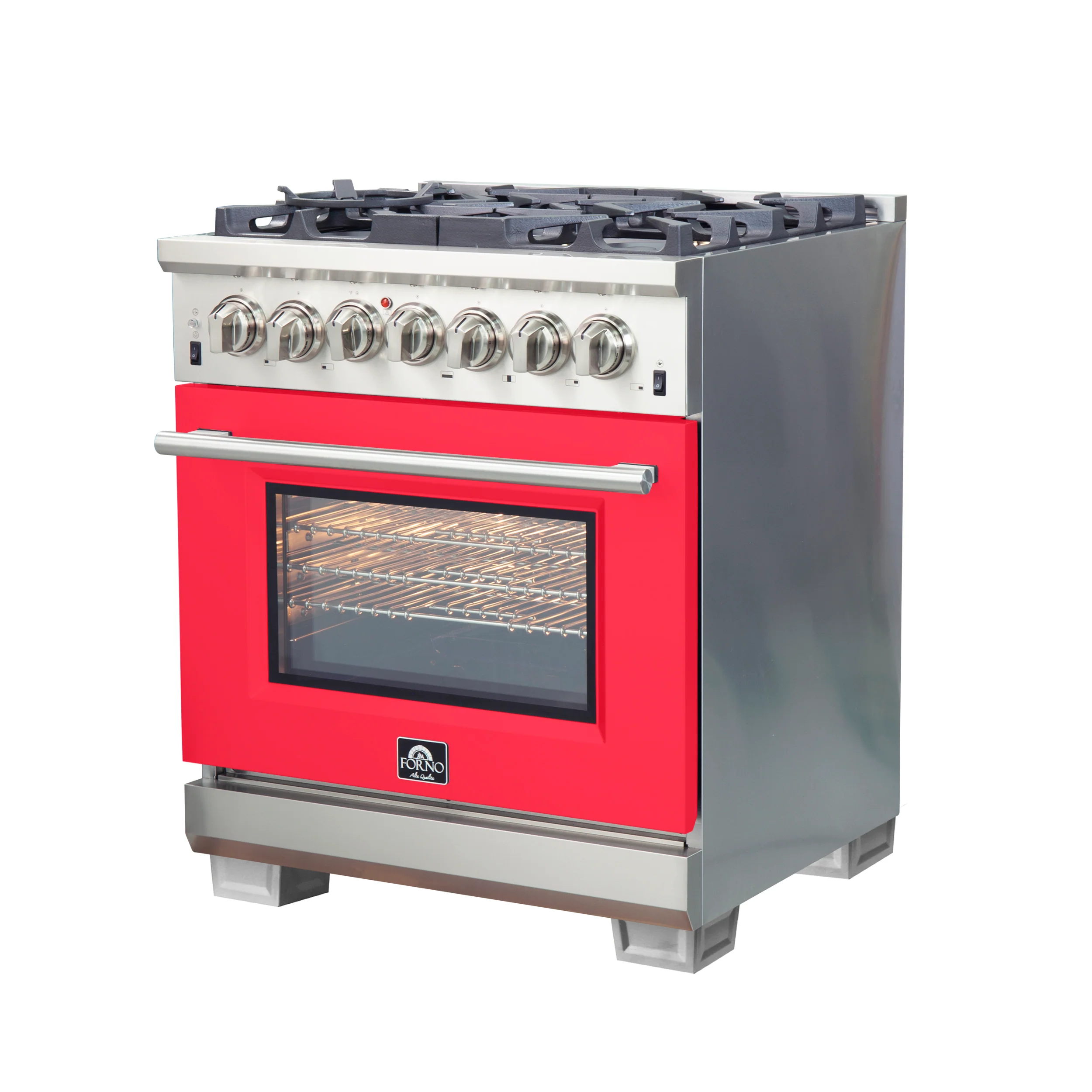 Forno Capriasca 30-Inch Freestanding Dual Fuel Range, 4 Burners, True Convection Oven, Red Door - Image 3