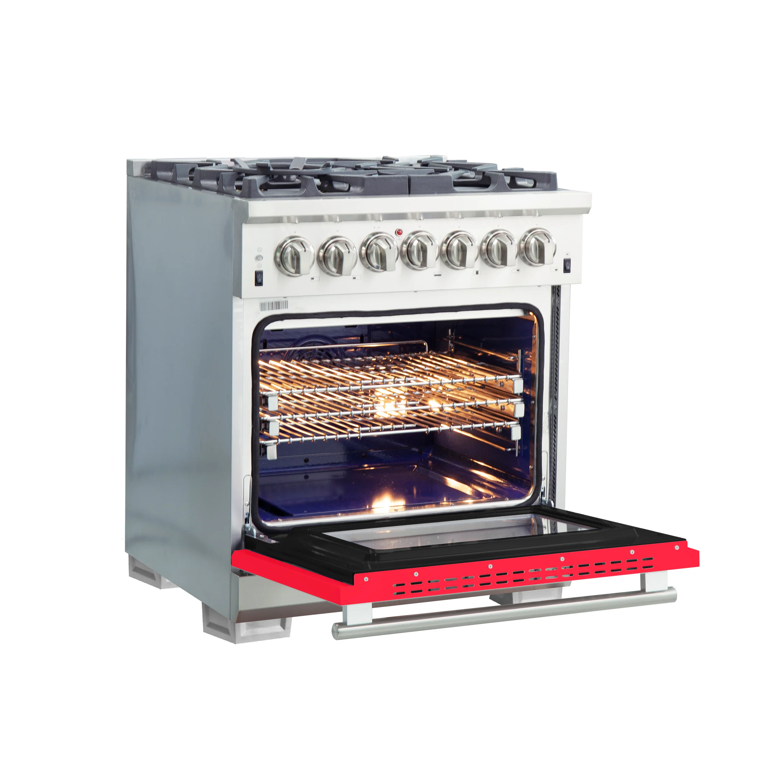 Forno Capriasca 30-Inch Freestanding Dual Fuel Range, 4 Burners, True Convection Oven, Red Door - Image 4