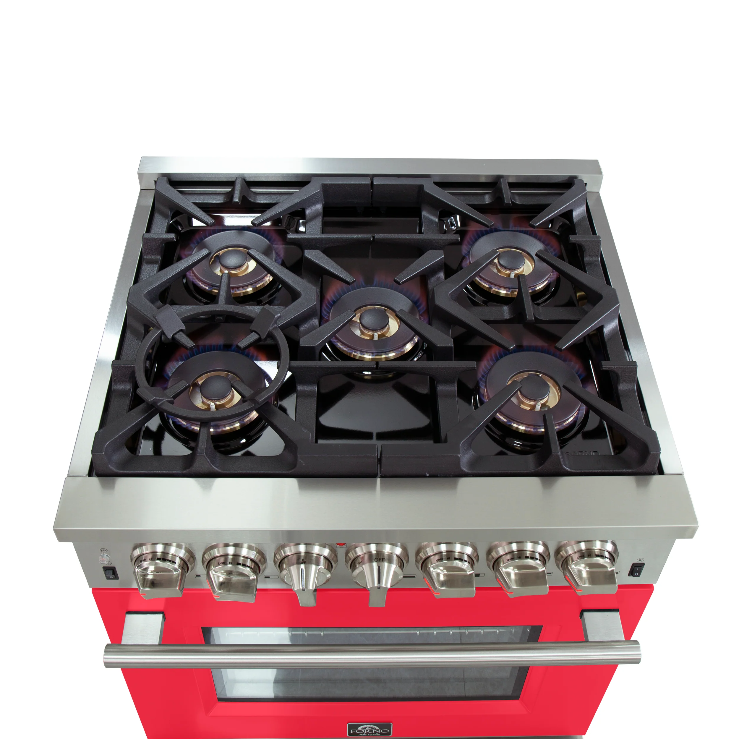Forno Capriasca 30-Inch Freestanding Dual Fuel Range, 4 Burners, True Convection Oven, Red Door - Image 5