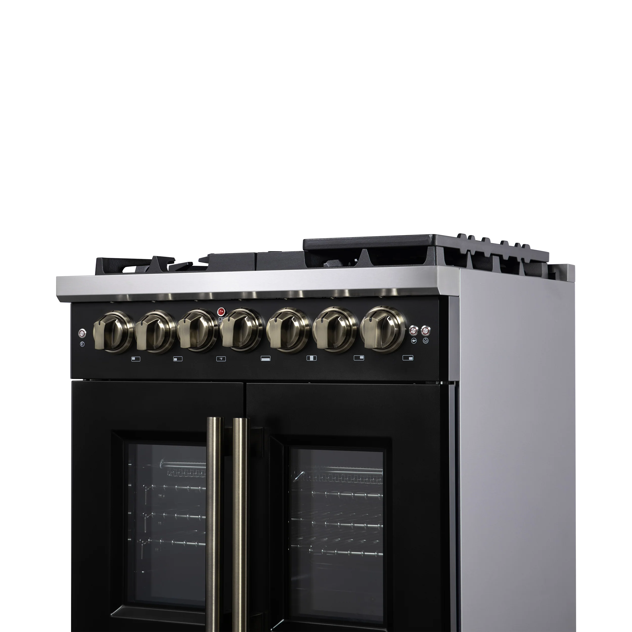 Forno Capriasca 30-Inch Freestanding French Door Dual Fuel Range in Black with Antique Brass Accessories, 5 Burners, True Convection Oven - Image 10