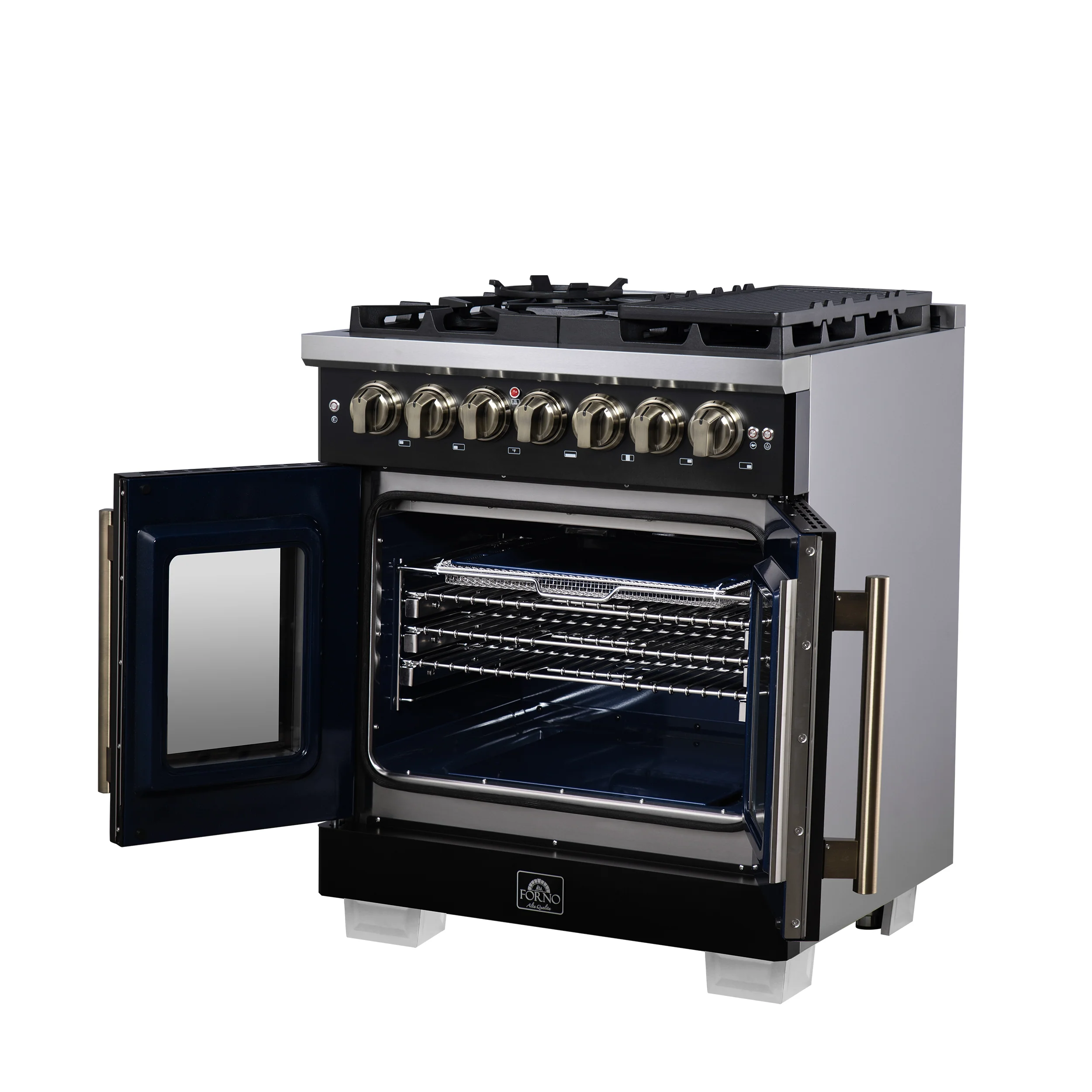 Forno Capriasca 30-Inch Freestanding French Door Dual Fuel Range in Black with Antique Brass Accessories, 5 Burners, True Convection Oven - Image 11