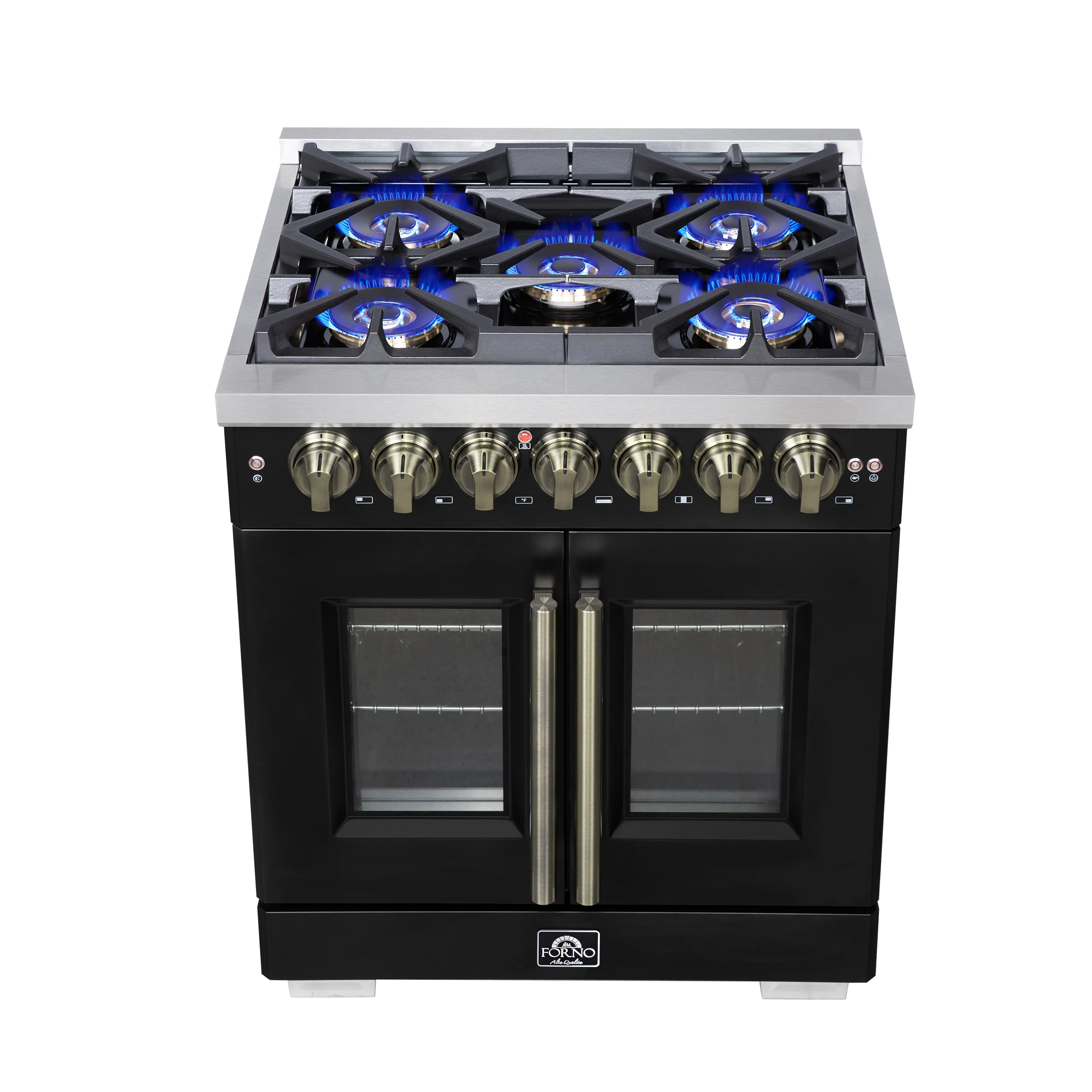 Forno Capriasca 30-Inch Freestanding French Door Dual Fuel Range in Black with Antique Brass Accessories, 5 Burners, True Convection Oven - Image 13