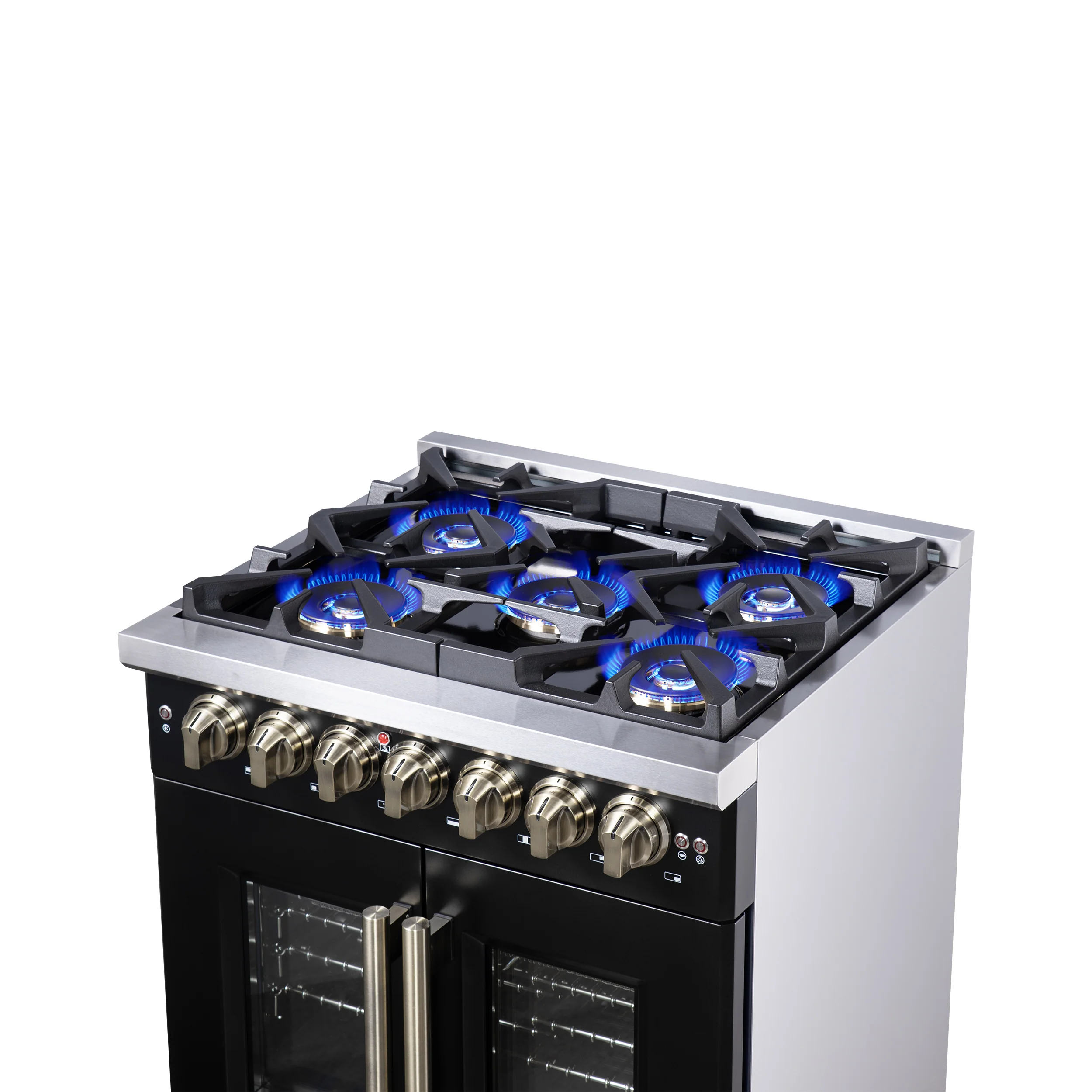 Forno Capriasca 30-Inch Freestanding French Door Dual Fuel Range in Black with Antique Brass Accessories, 5 Burners, True Convection Oven - Image 15