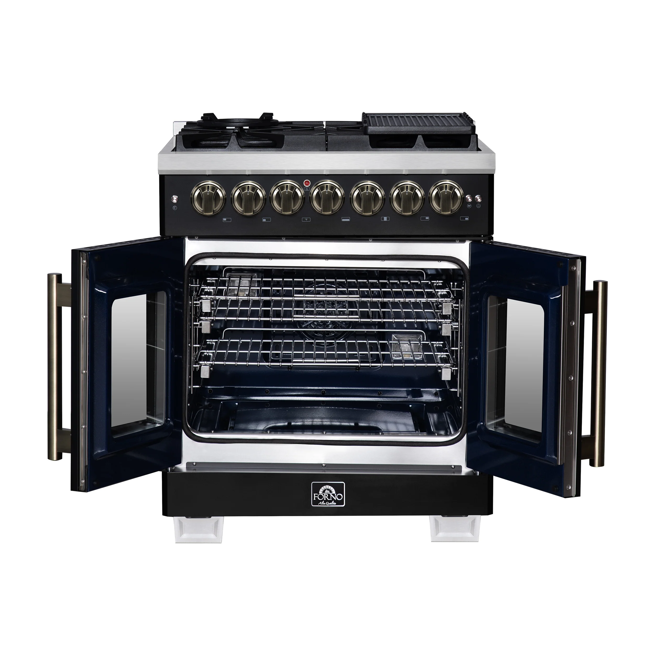 Forno Capriasca 30-Inch Freestanding French Door Dual Fuel Range in Black with Antique Brass Accessories, 5 Burners, True Convection Oven - Image 2