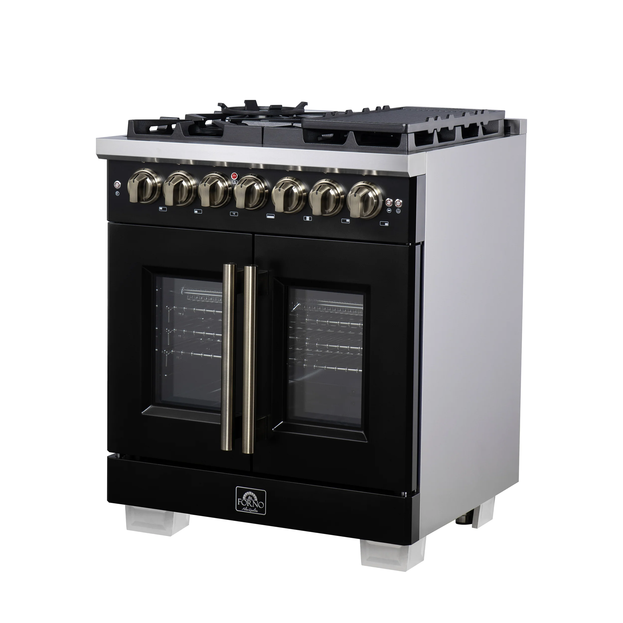 Forno Capriasca 30-Inch Freestanding French Door Dual Fuel Range in Black with Antique Brass Accessories, 5 Burners, True Convection Oven - Image 8