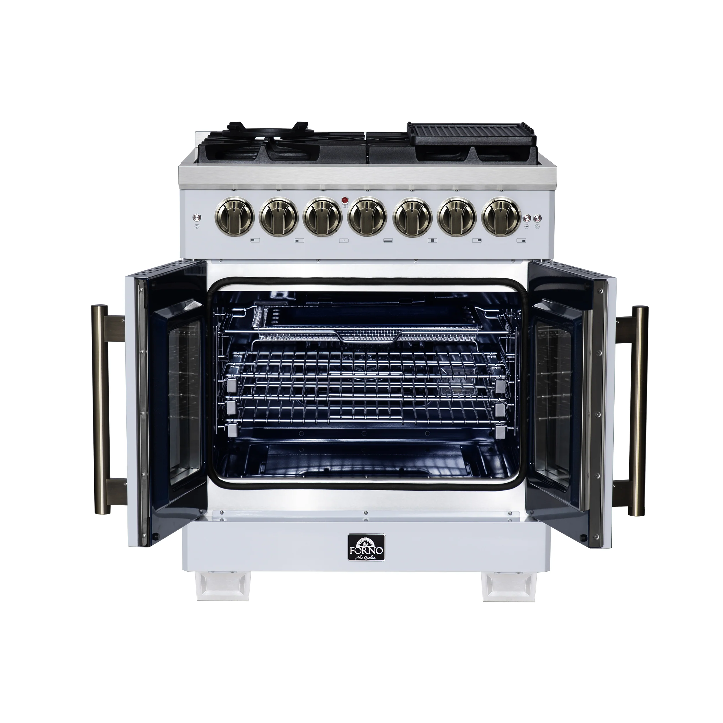 Forno Capriasca 30-Inch Freestanding French Door Dual Fuel Range in White with Antique Brass Accessories, 5 Burners, True Convection Oven - Image 2