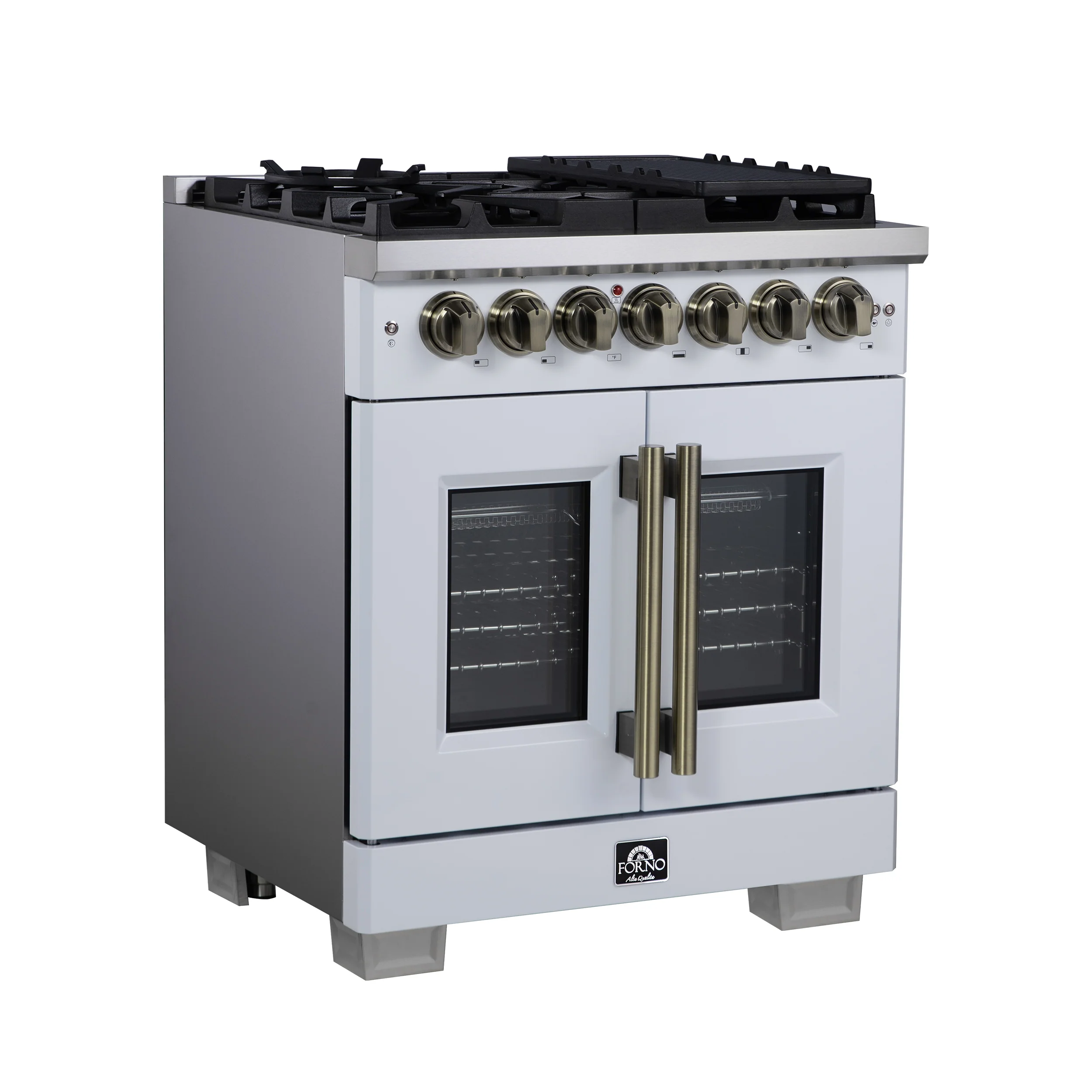 Forno Capriasca 30-Inch Freestanding French Door Dual Fuel Range in White with Antique Brass Accessories, 5 Burners, True Convection Oven - Image 3