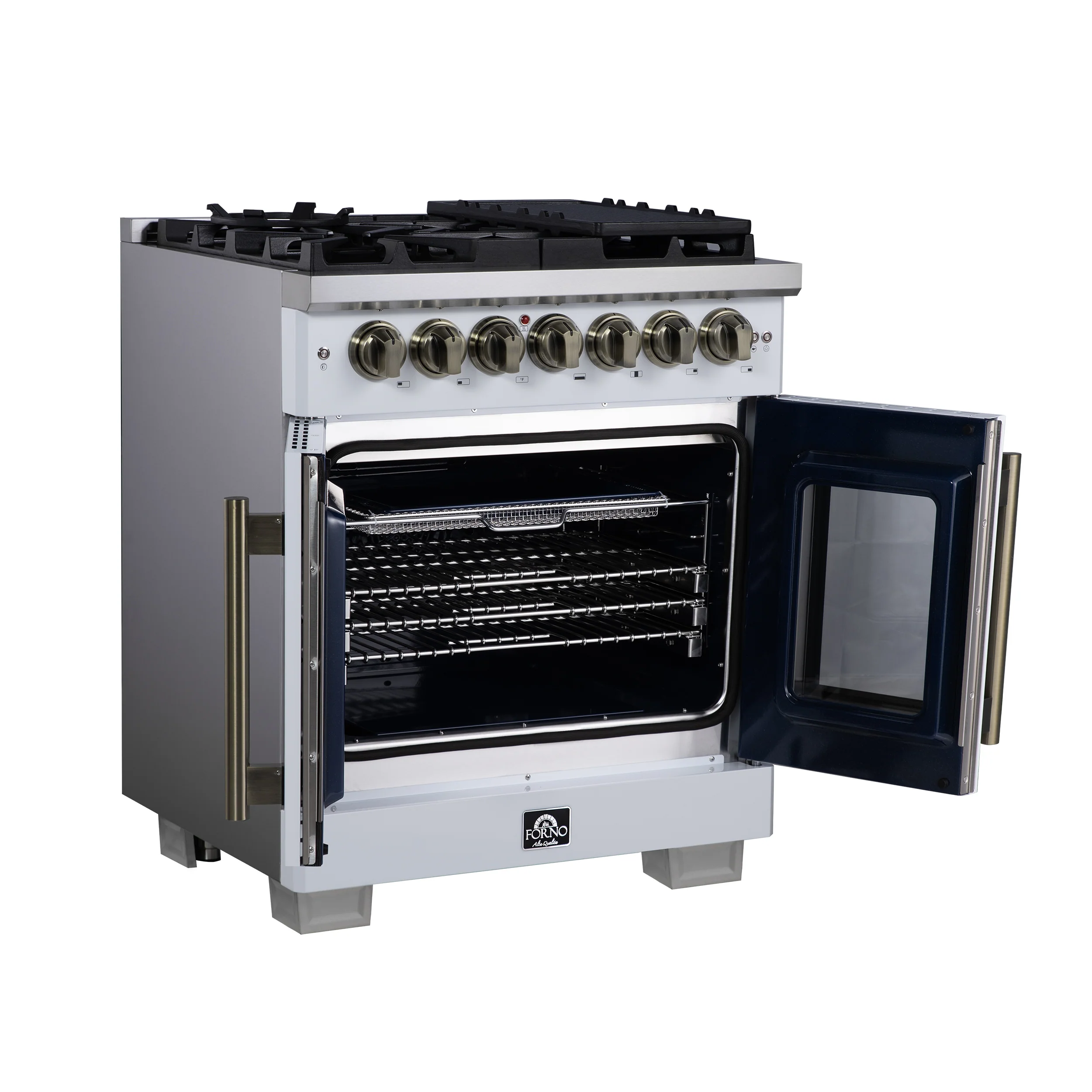 Forno Capriasca 30-Inch Freestanding French Door Dual Fuel Range in White with Antique Brass Accessories, 5 Burners, True Convection Oven - Image 4