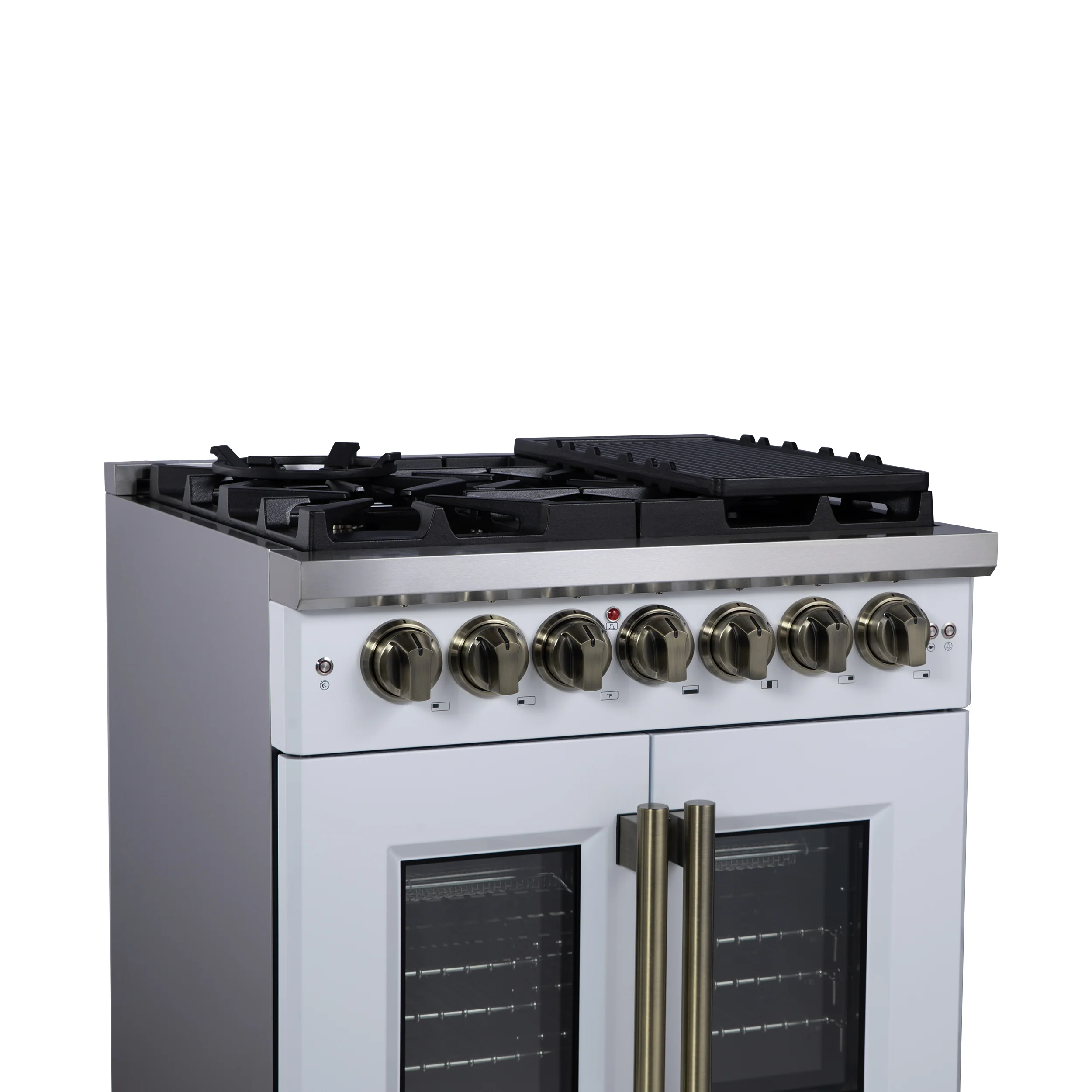 Forno Capriasca 30-Inch Freestanding French Door Dual Fuel Range in White with Antique Brass Accessories, 5 Burners, True Convection Oven - Image 6