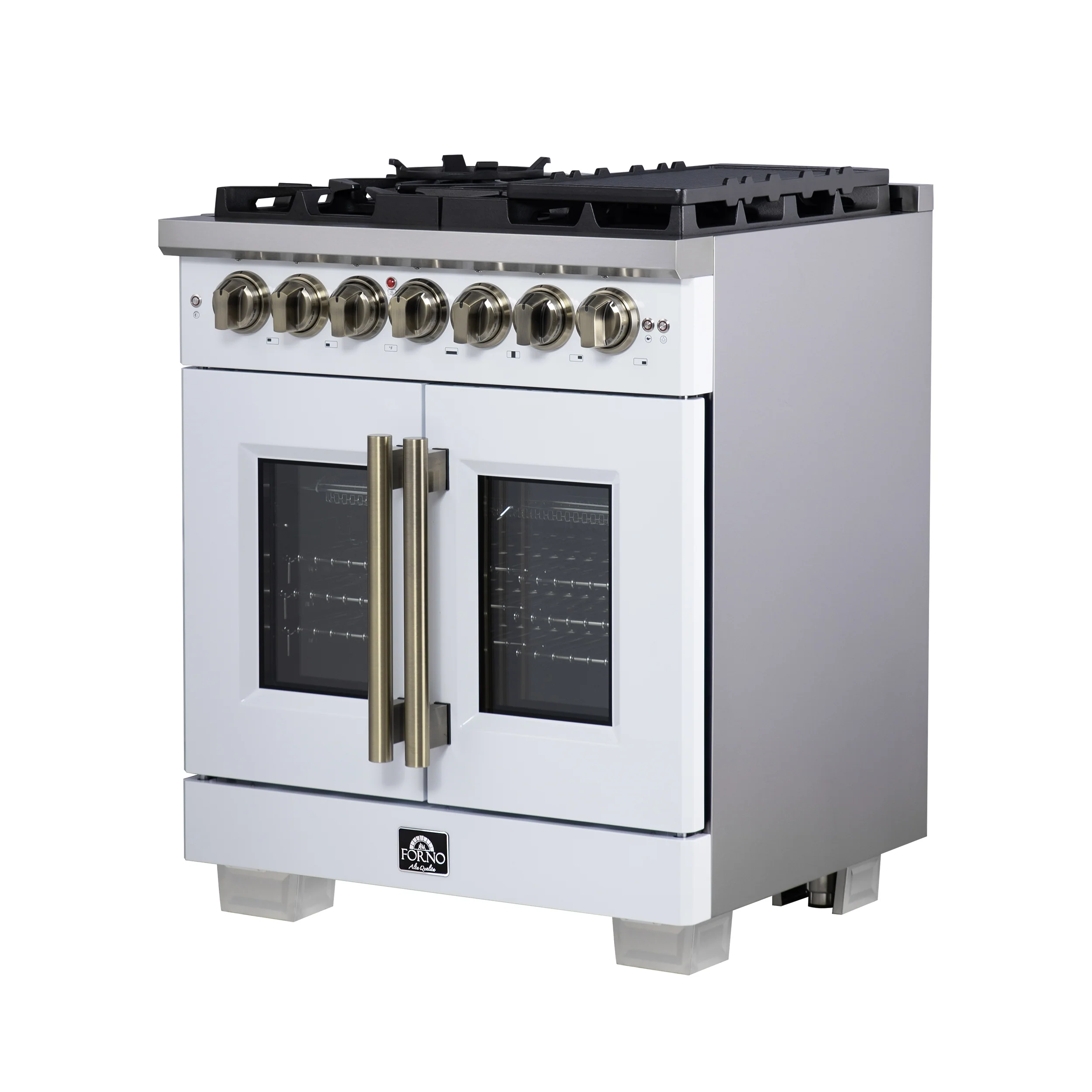 Forno Capriasca 30-Inch Freestanding French Door Dual Fuel Range in White with Antique Brass Accessories, 5 Burners, True Convection Oven - Image 7