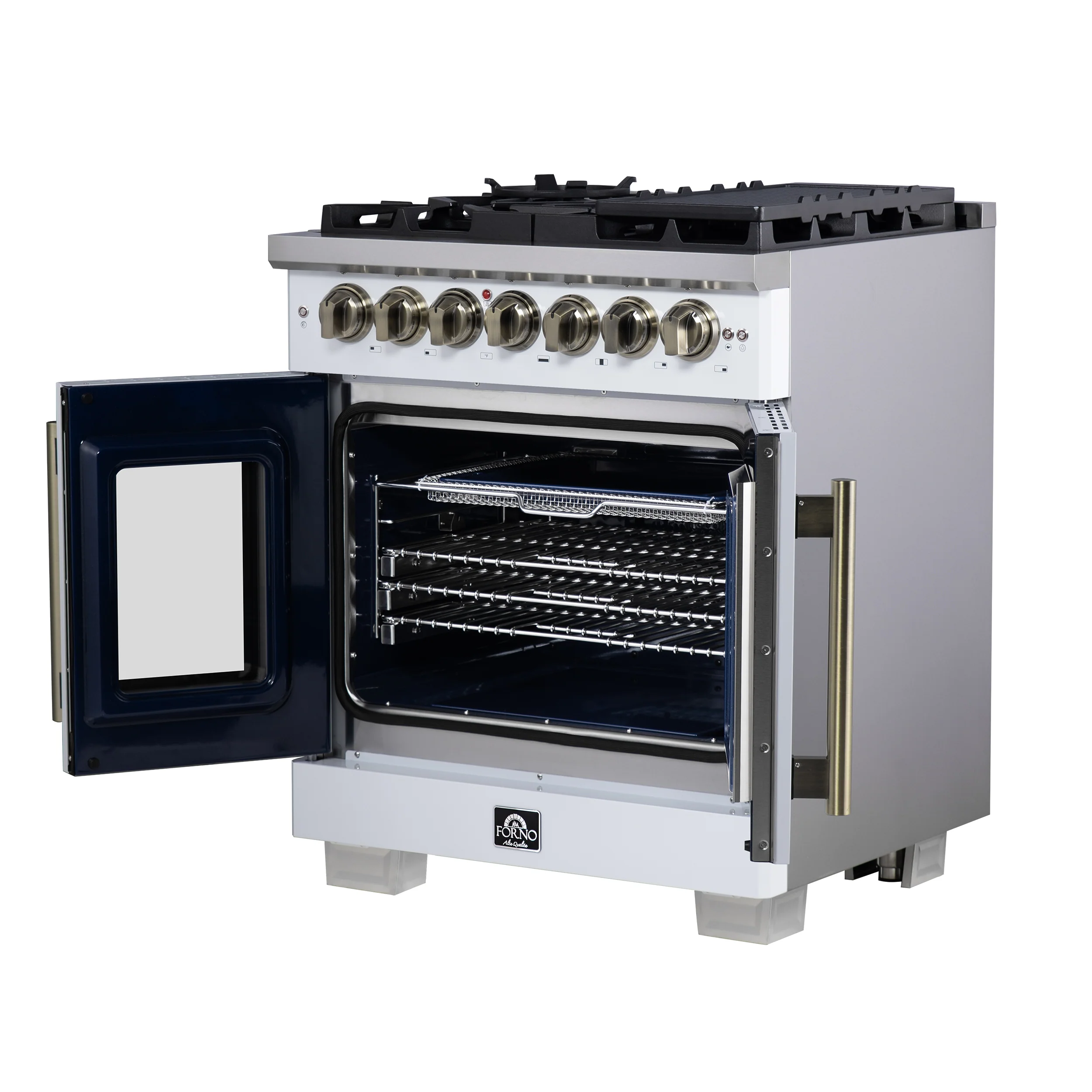 Forno Capriasca 30-Inch Freestanding French Door Dual Fuel Range in White with Antique Brass Accessories, 5 Burners, True Convection Oven - Image 8
