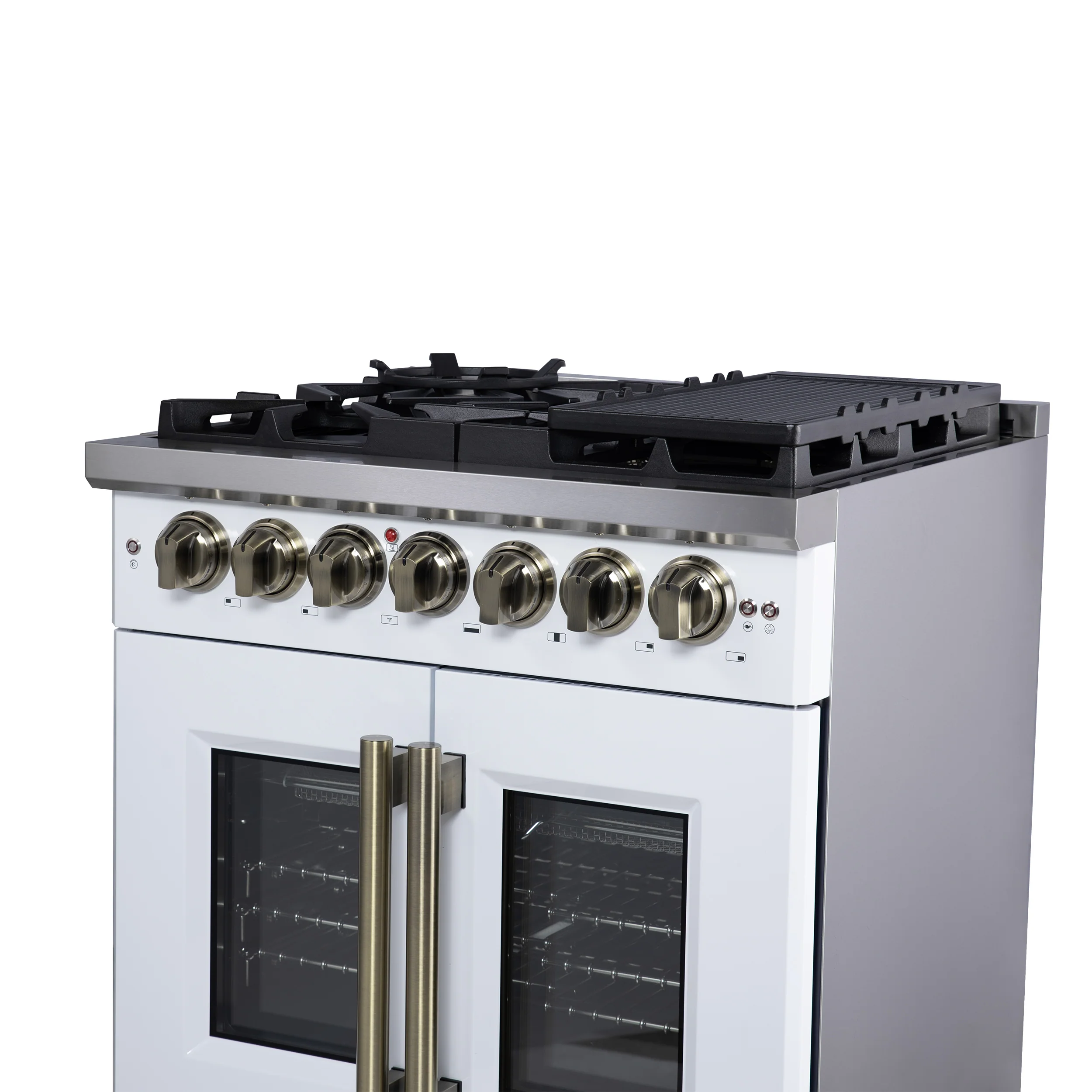 Forno Capriasca 30-Inch Freestanding French Door Dual Fuel Range in White with Antique Brass Accessories, 5 Burners, True Convection Oven - Image 9