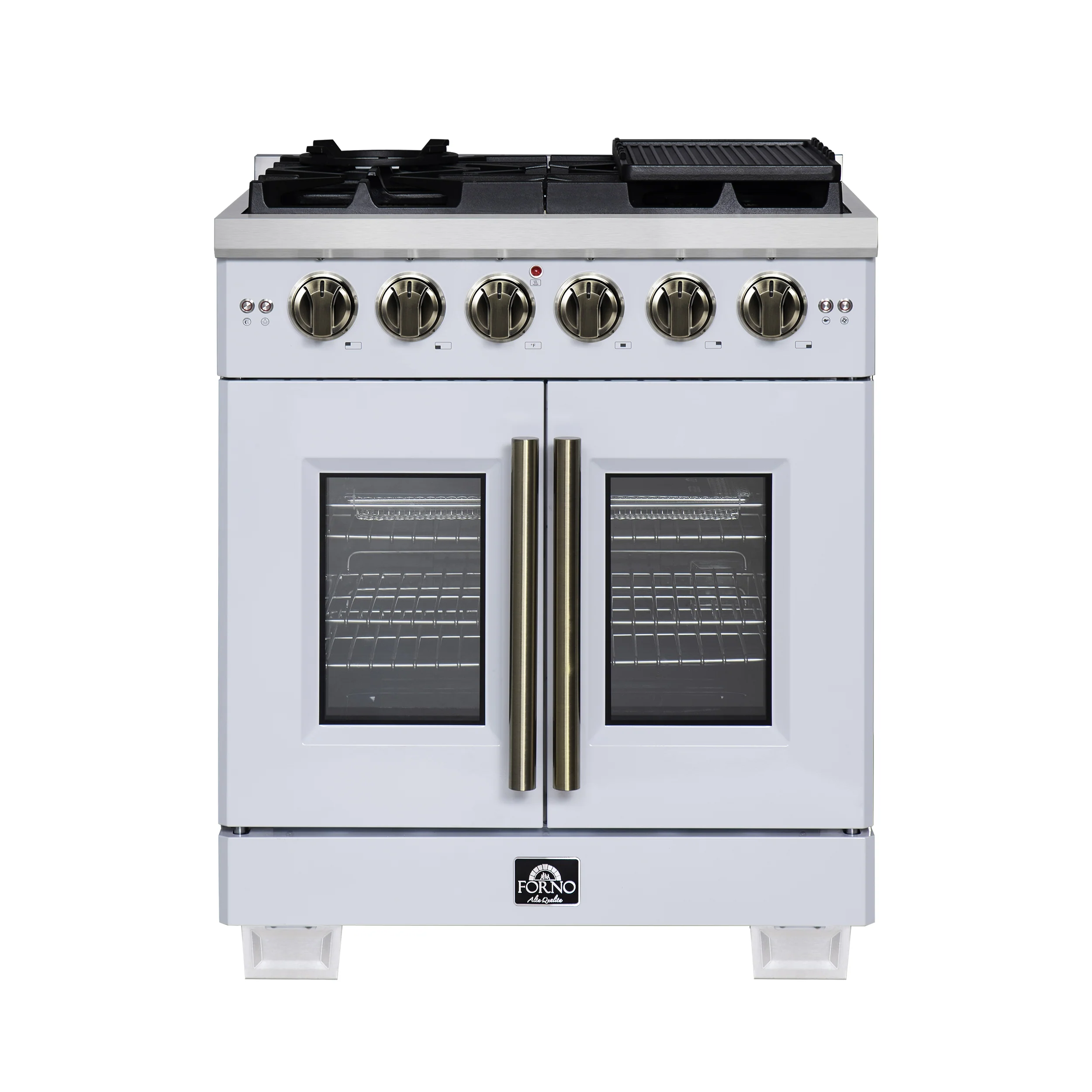 Forno Capriasca 30-Inch White Freestanding French Door Gas Range, 4 Burners, Convection Oven, Energy Efficient