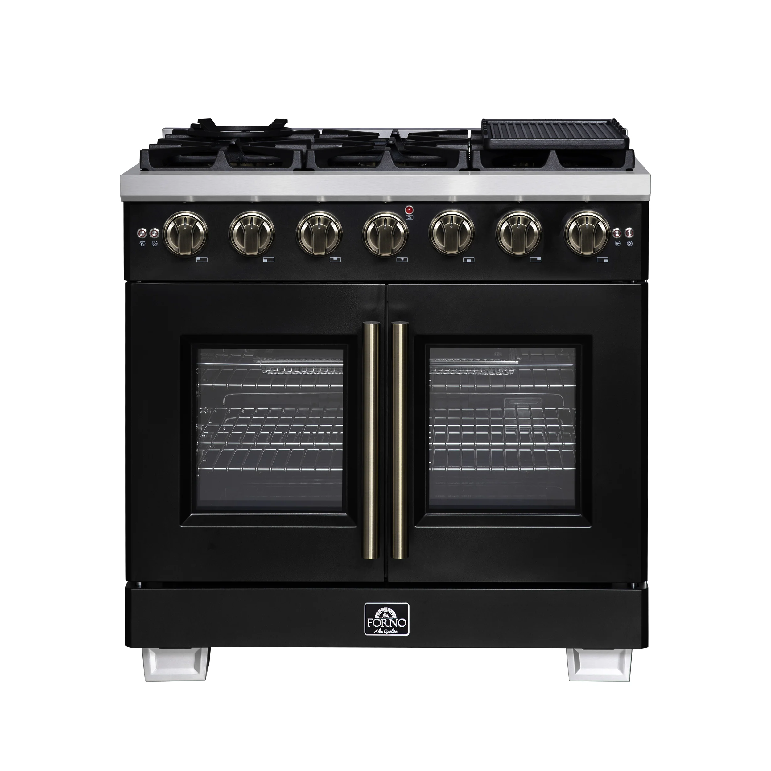 Forno Capriasca 36-Inch Black Freestanding French Door Gas Range, 6 Burners, Convection Oven, Energy Efficient