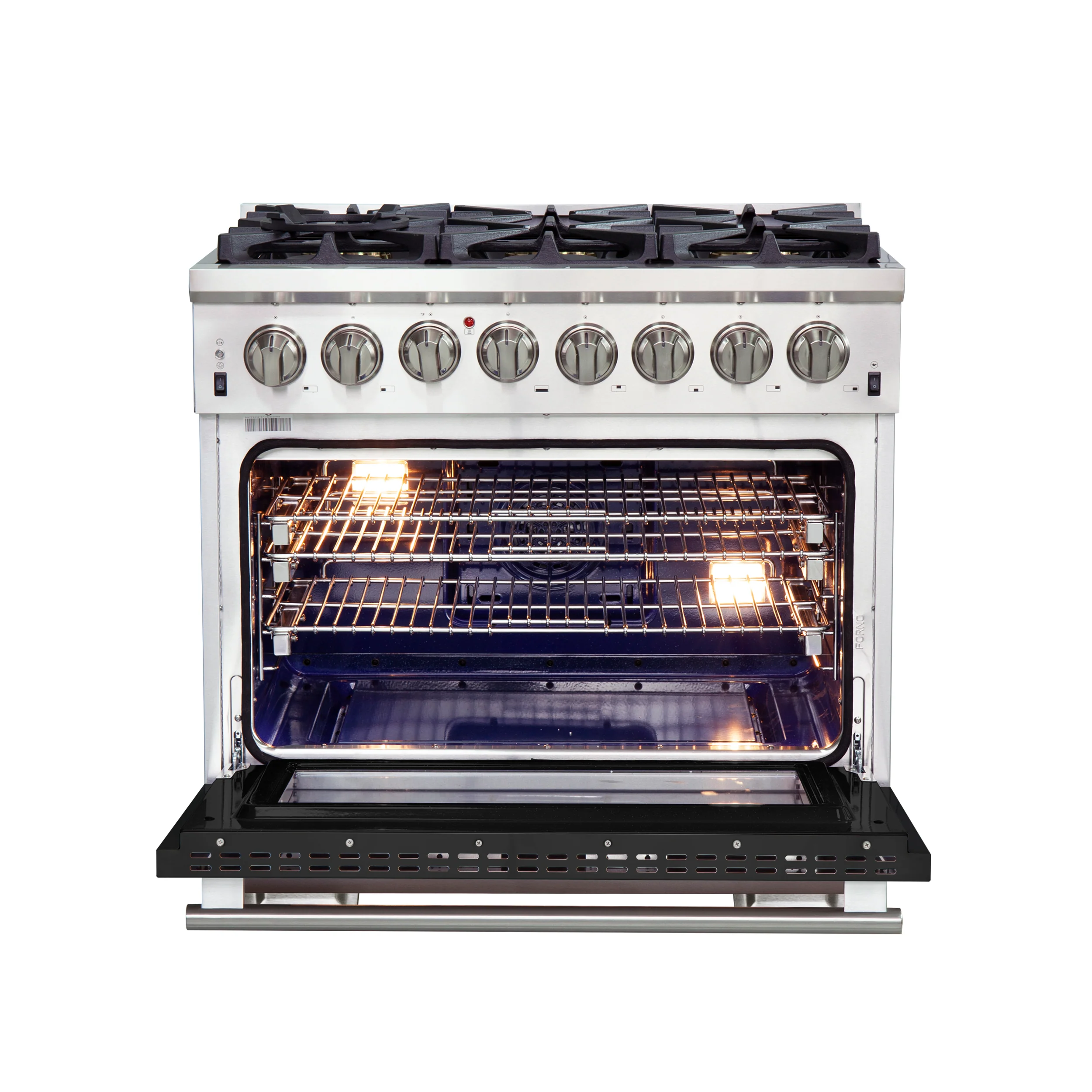 Forno Capriasca 36-Inch Freestanding Dual Fuel Range, 6 Burners, True Convection Oven, Black Door - Image 2