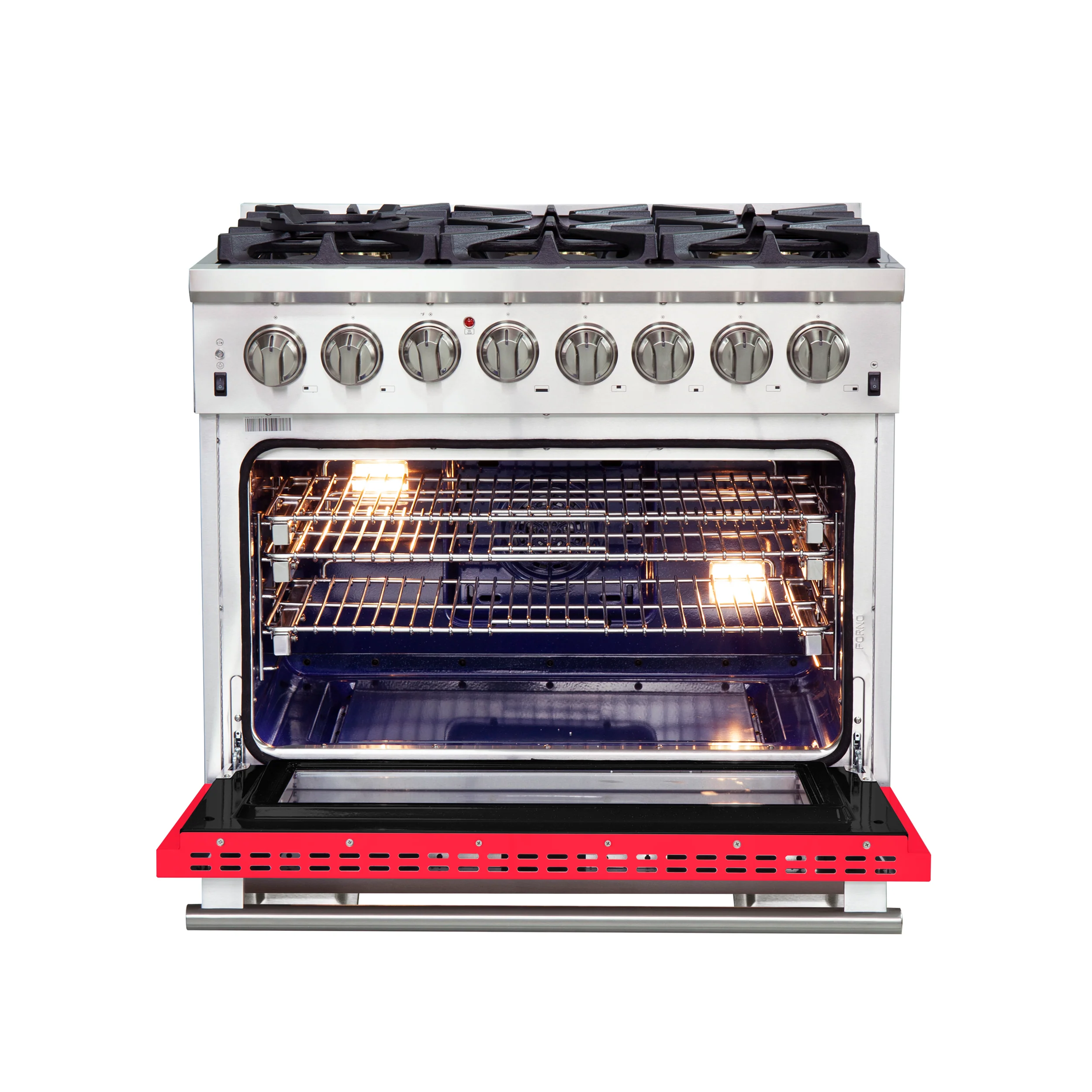 Forno Capriasca 36-Inch Freestanding Dual Fuel Range, 6 Burners, True Convection Oven, Red Door - Image 2