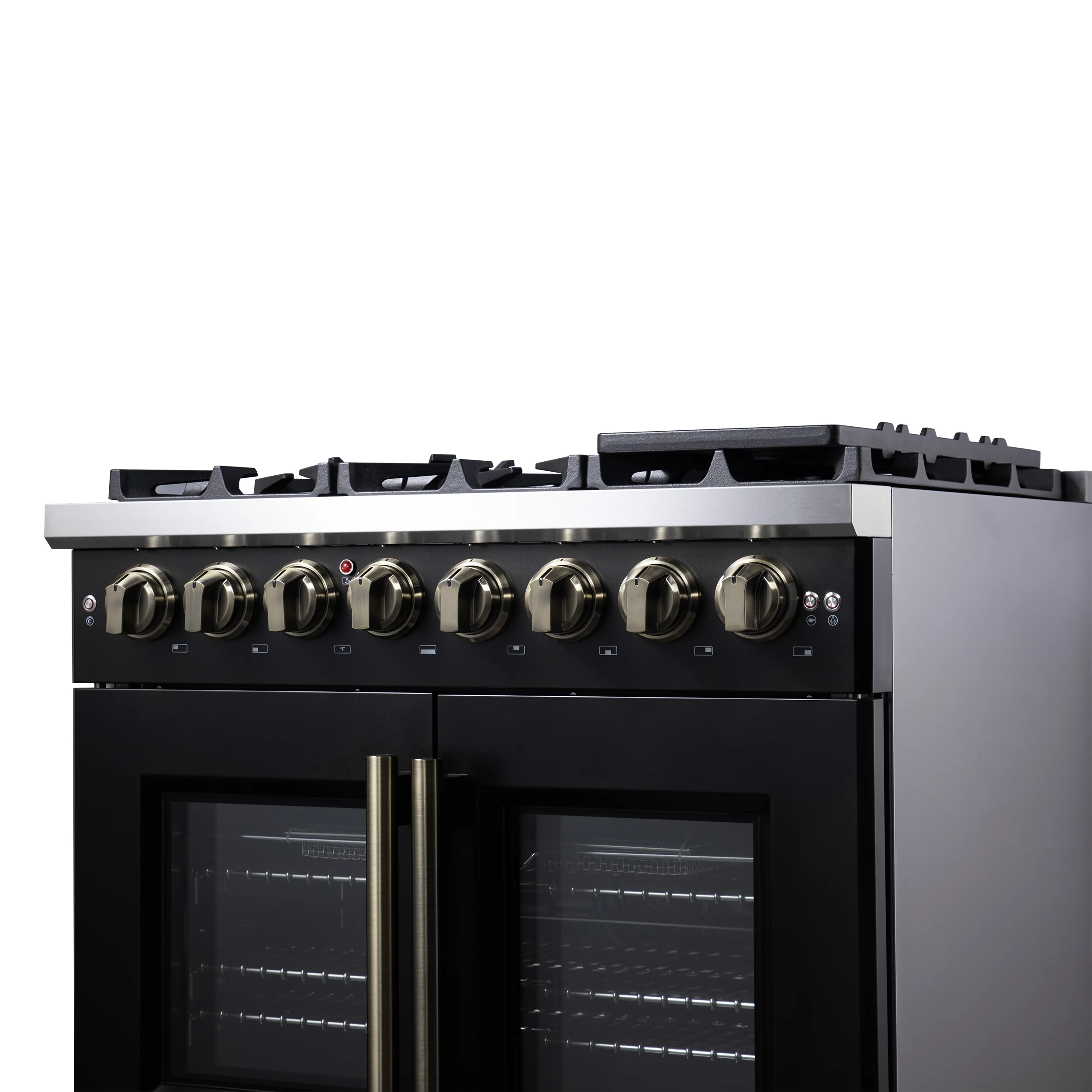 Forno Capriasca 36 Inch Freestanding French Door Dual Fuel Range in Black with Antique Brass Accessories, 6 Burners, True Convection Oven - Image 10