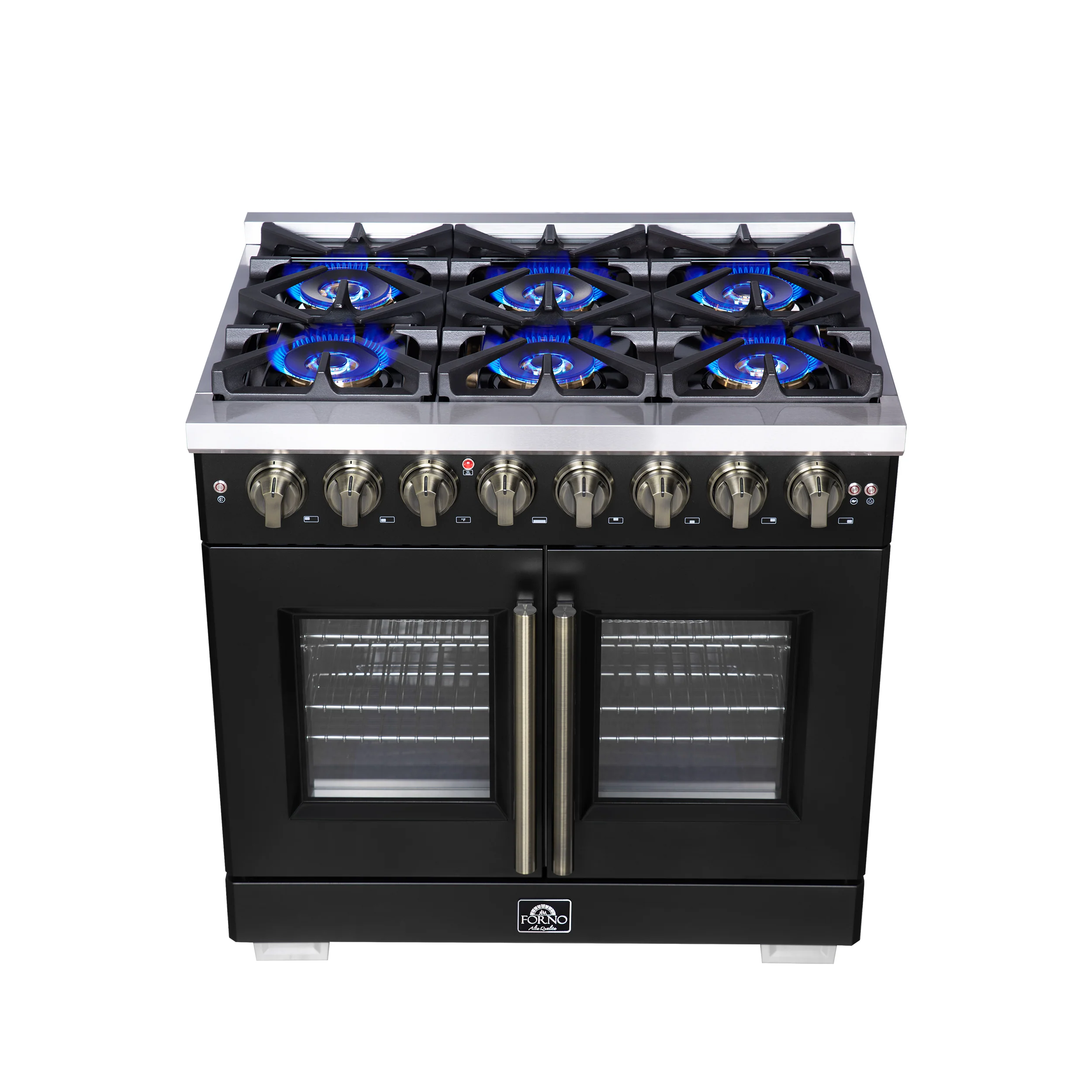 Forno Capriasca 36 Inch Freestanding French Door Dual Fuel Range in Black with Antique Brass Accessories, 6 Burners, True Convection Oven - Image 11
